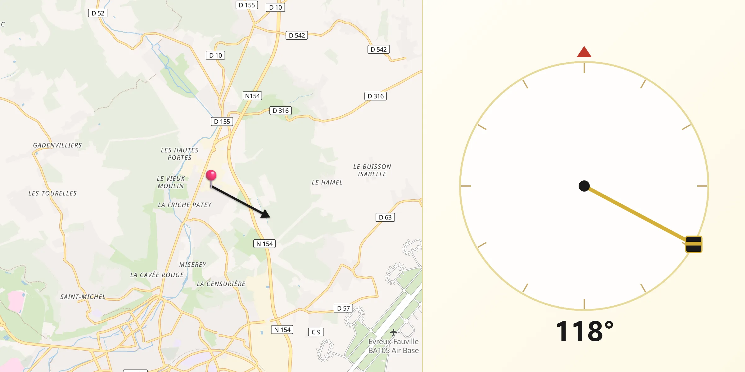 Direction vers la Qibla depuis Gravigny