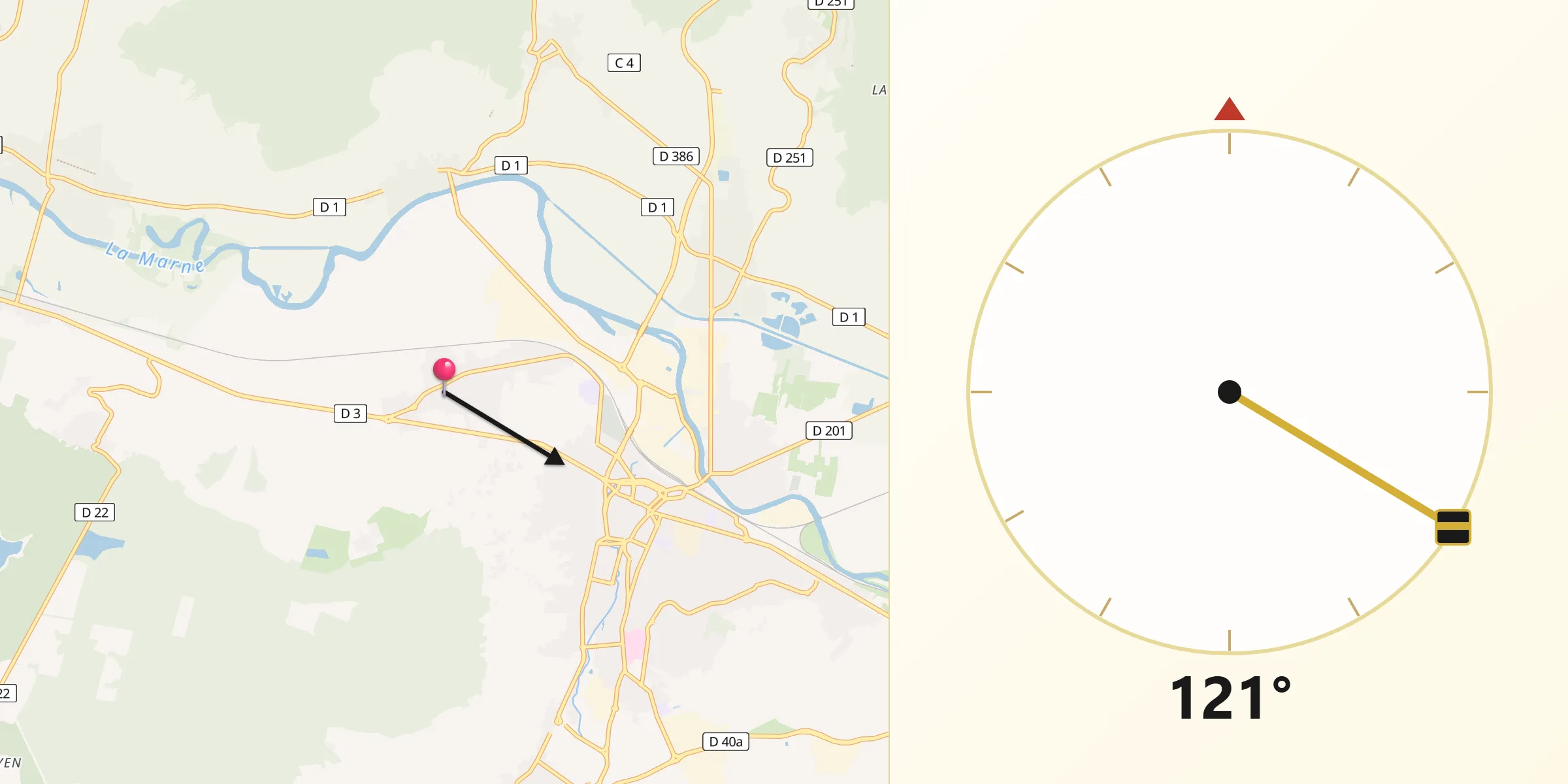 Direction vers la Qibla depuis Mardeuil