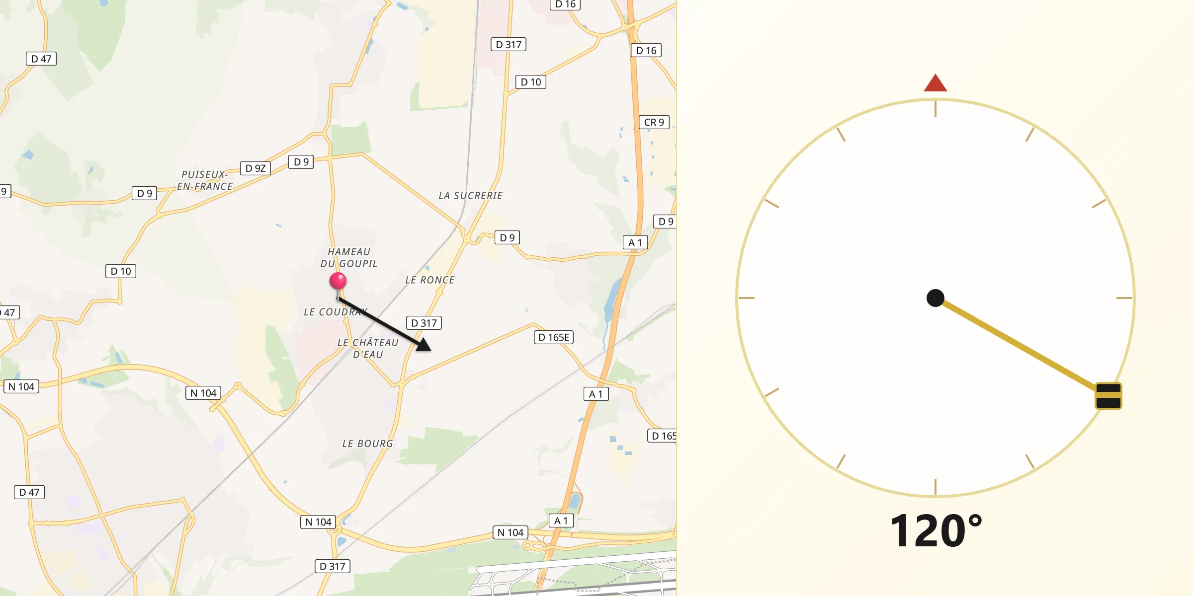 Direction vers la Qibla depuis Puiseux-en-France
