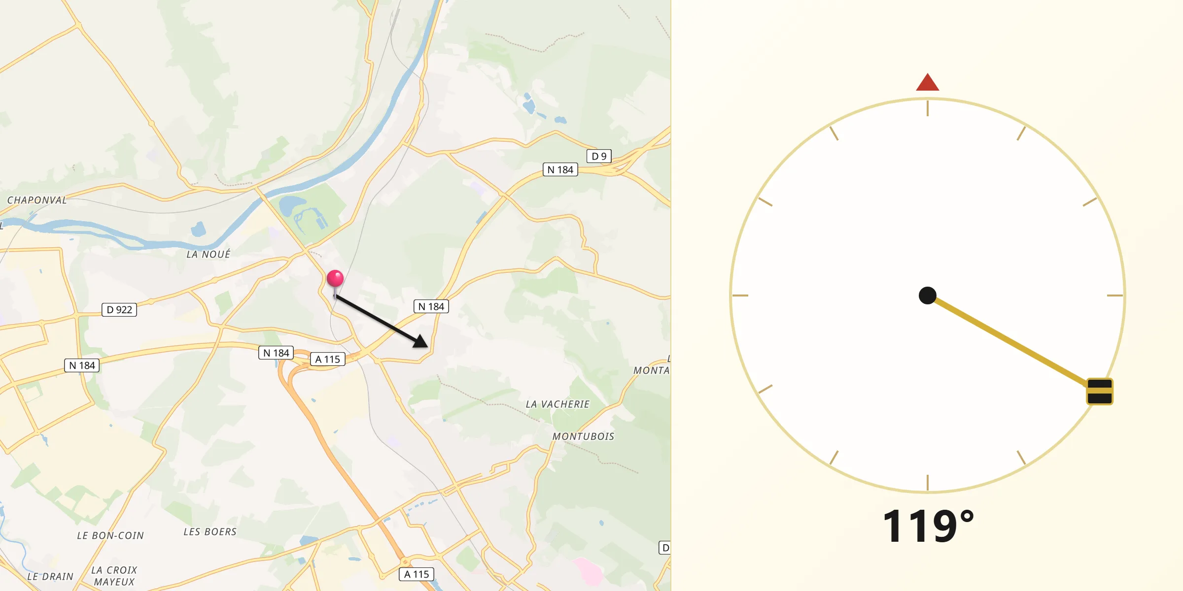 Direction vers la Qibla depuis Méry-sur-Oise