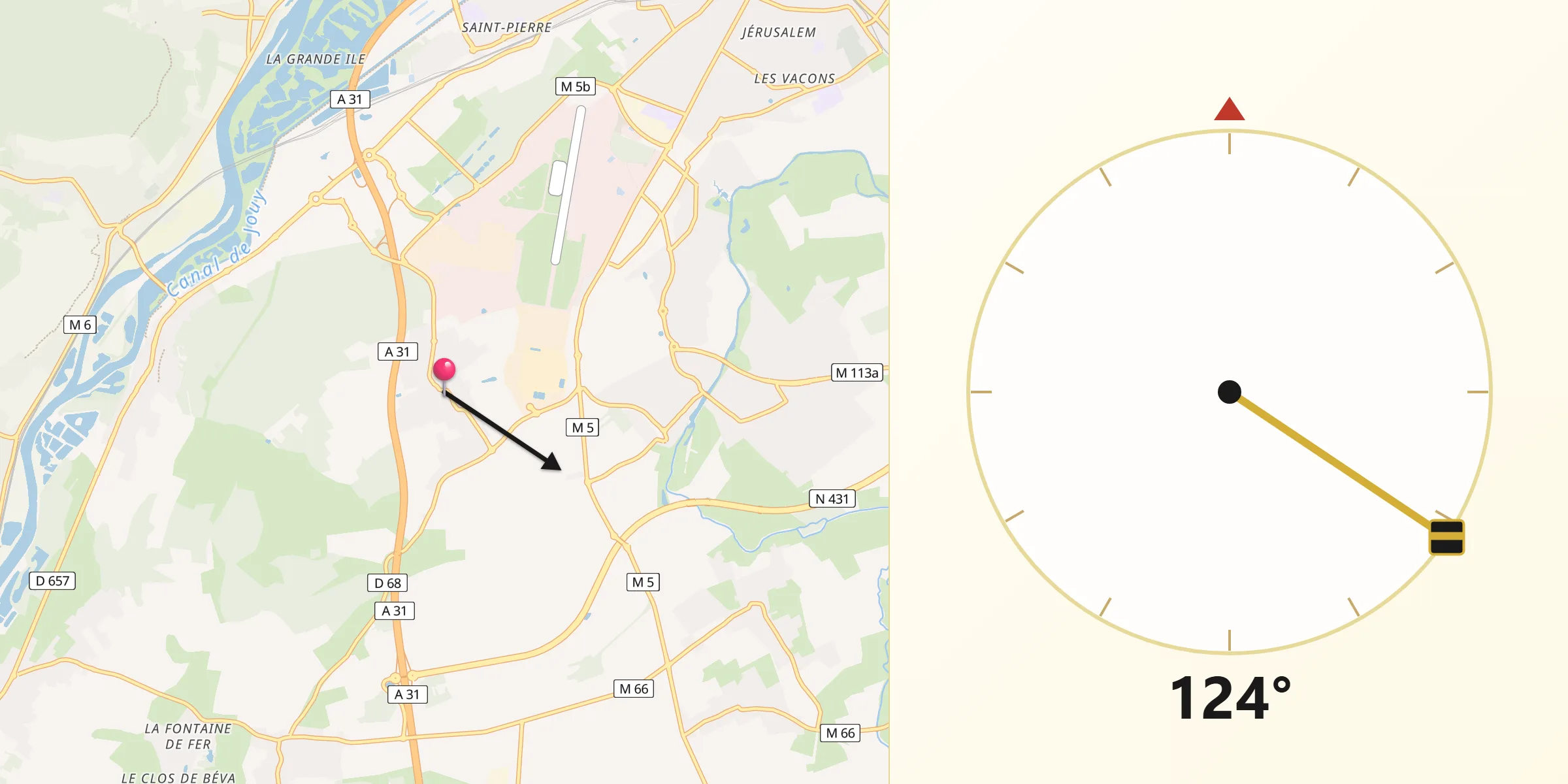 Direction vers la Qibla depuis Augny