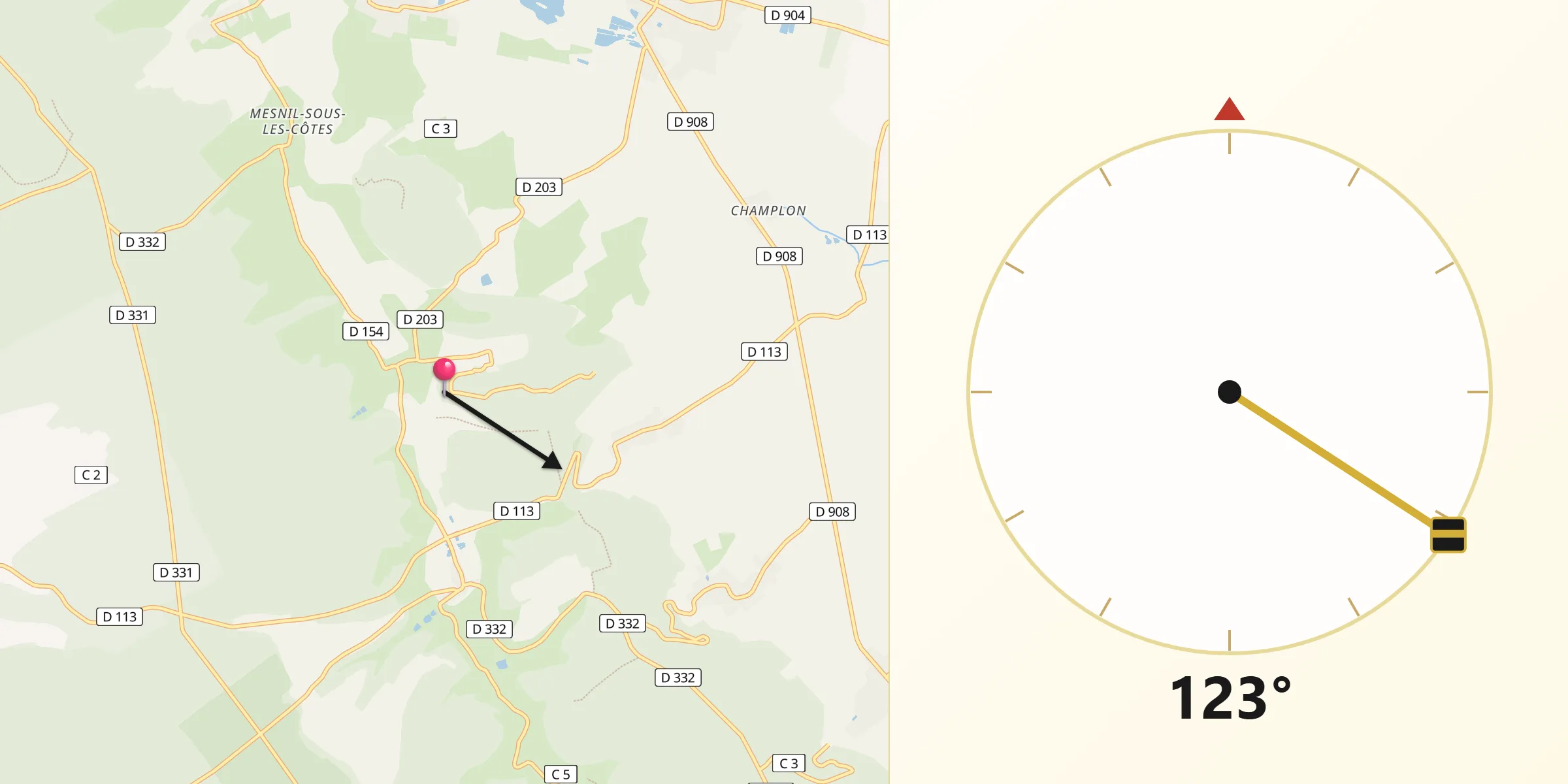 Direction vers la Qibla depuis Combres-sous-les-Côtes
