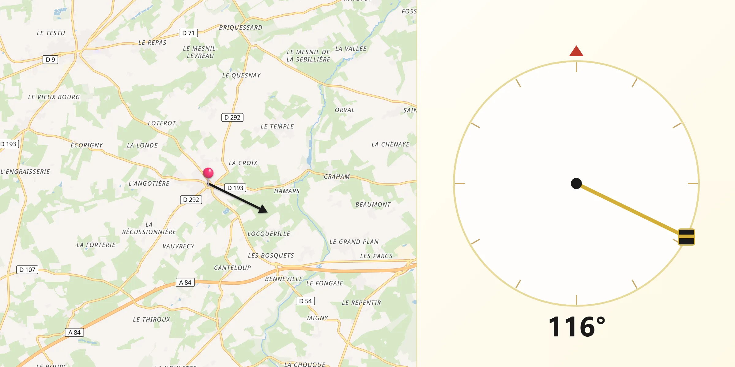Direction vers la Qibla depuis Cahagnes