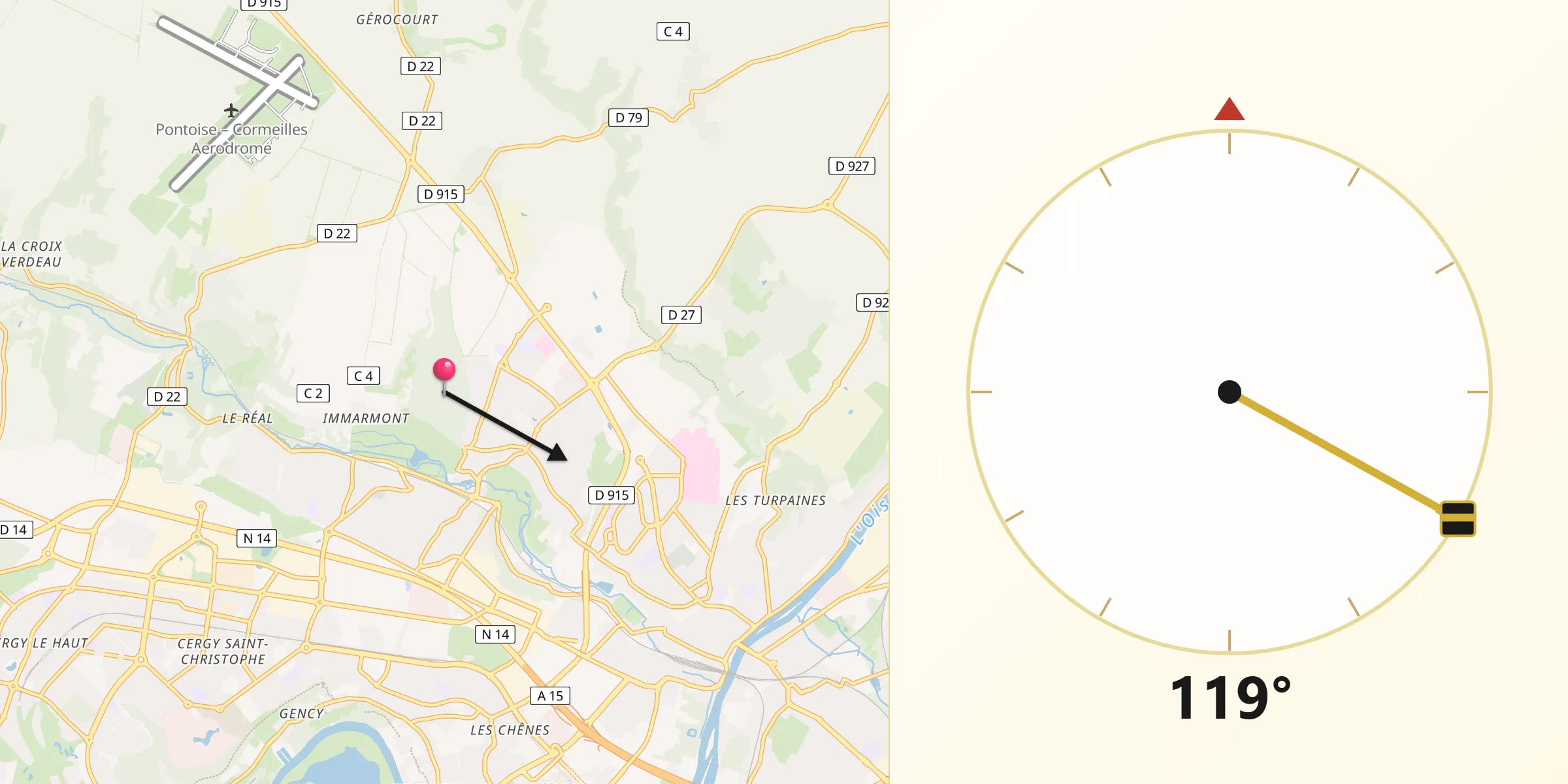 Direction vers la Qibla depuis Osny