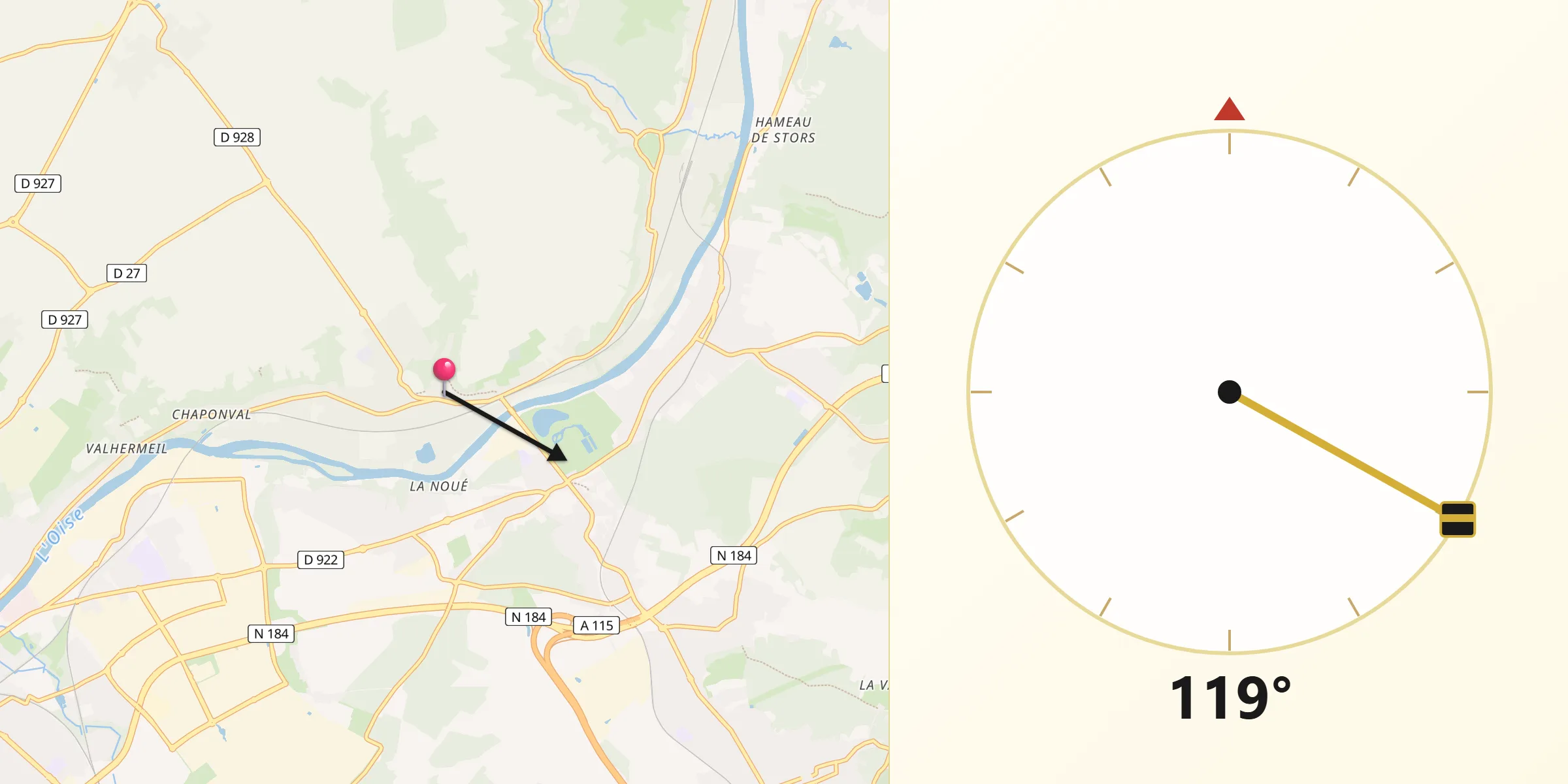 Direction vers la Qibla depuis Auvers-sur-Oise