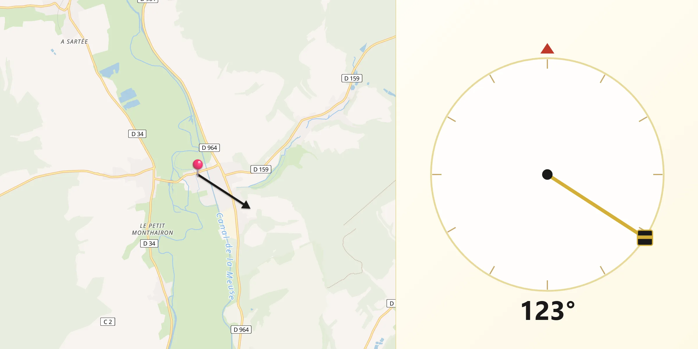 Direction vers la Qibla depuis Dieue-sur-Meuse