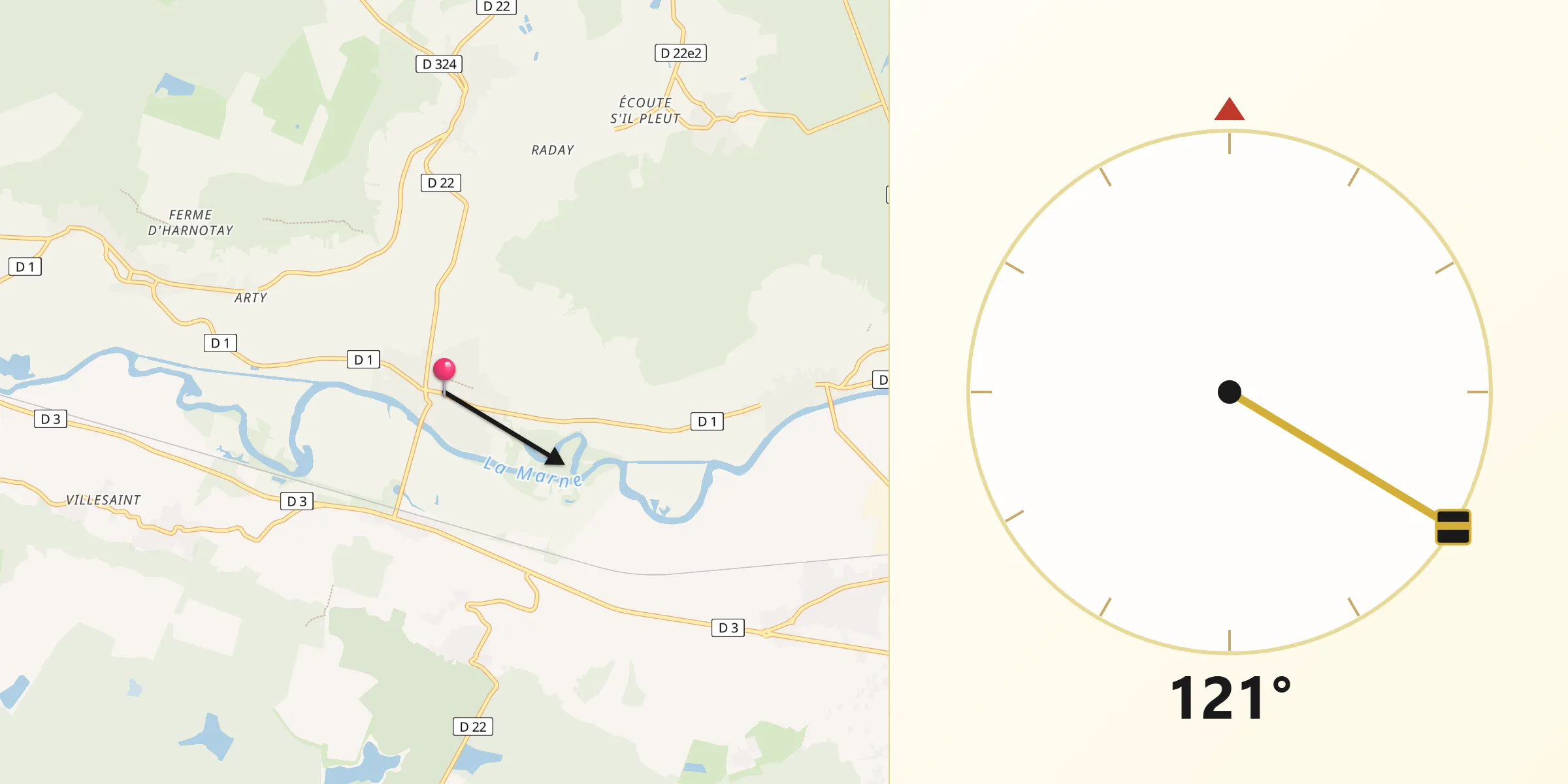 Direction vers la Qibla depuis Damery