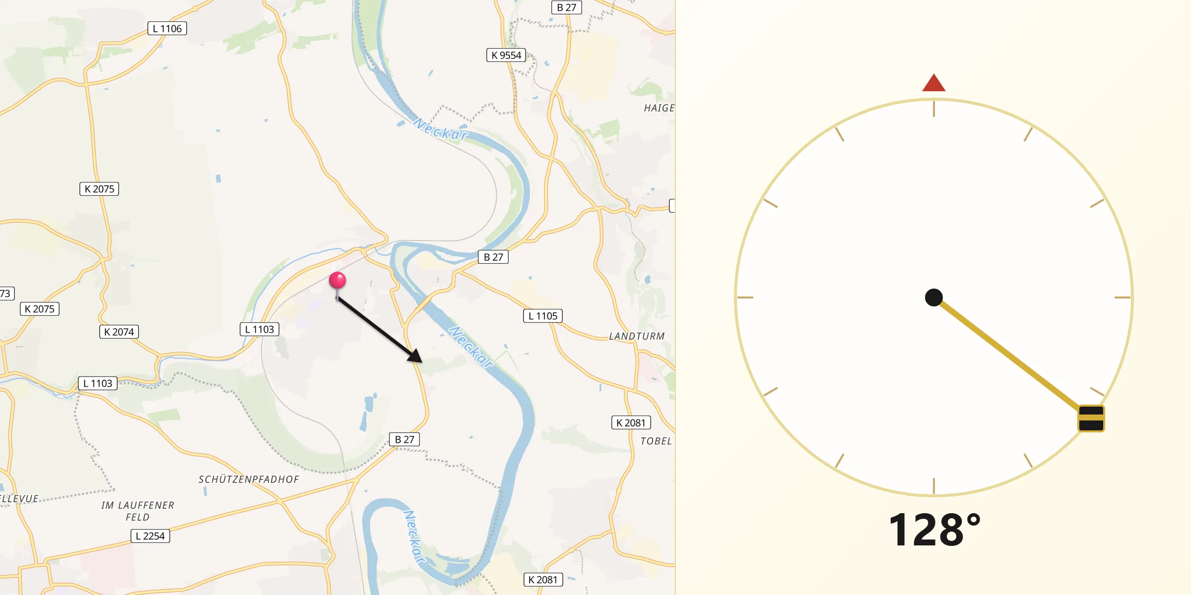 Qibla-Richtung von Lauffen am Neckar