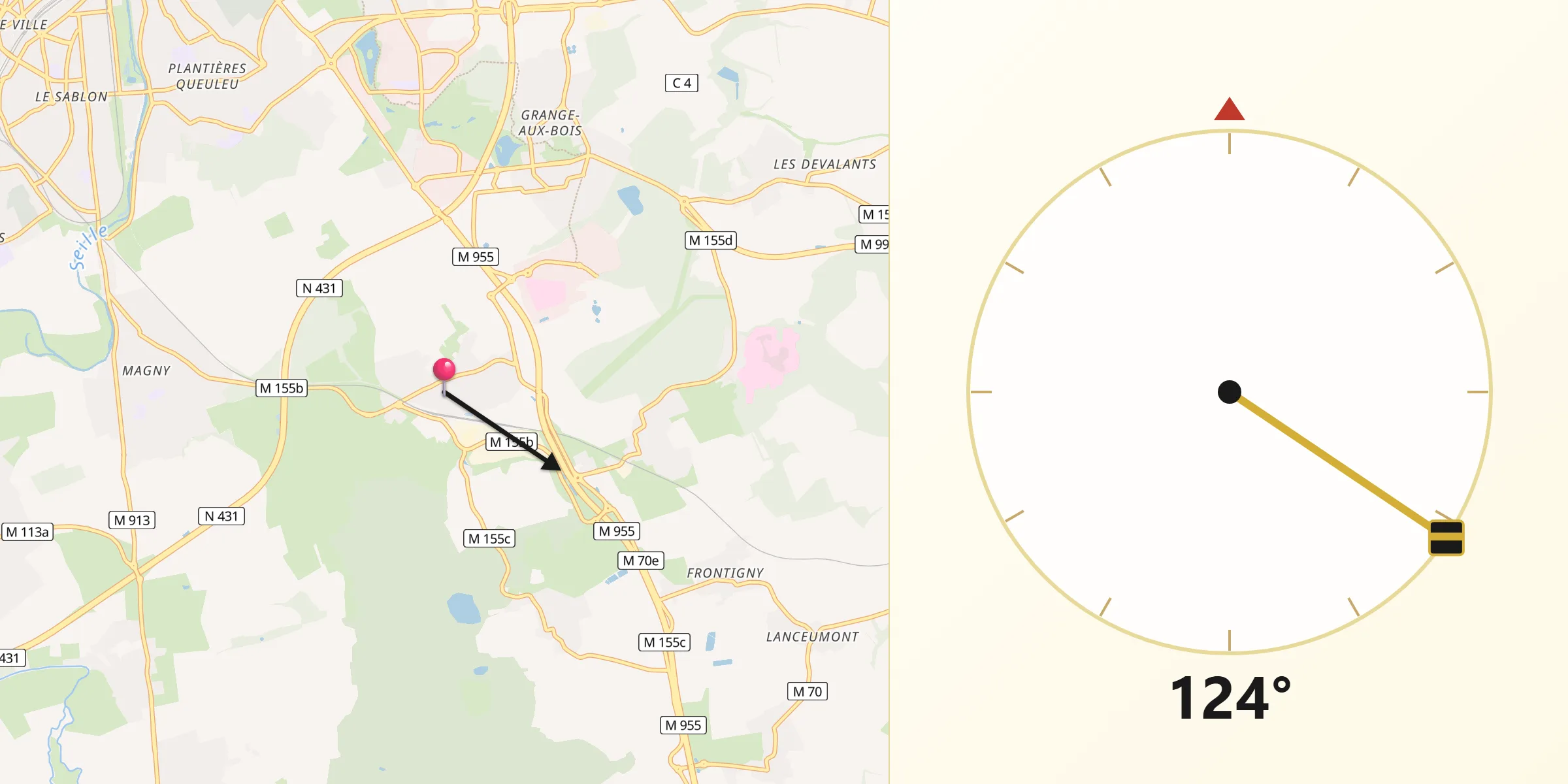 Direction vers la Qibla depuis Peltre