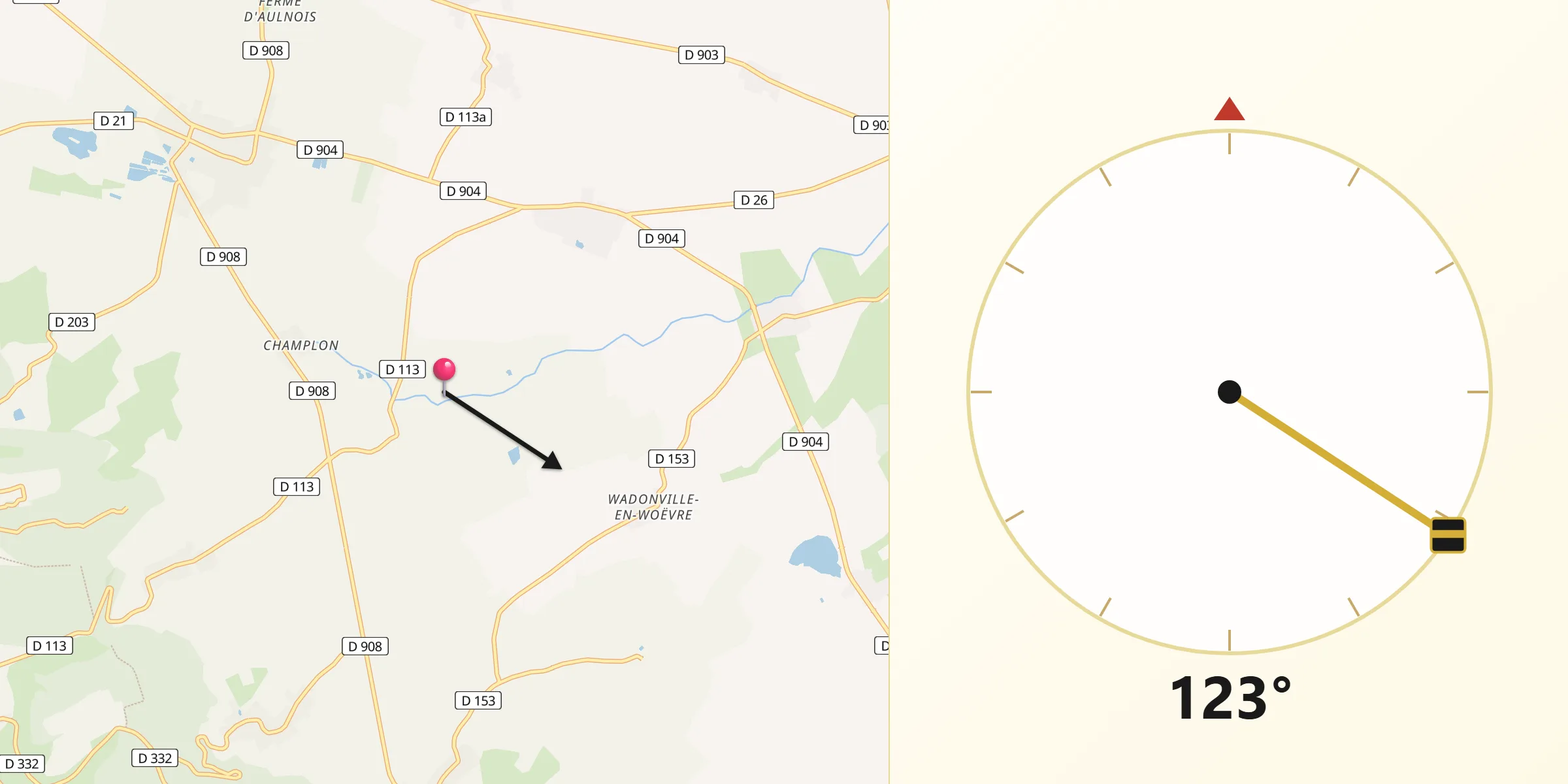 Direction vers la Qibla depuis Saint-Hilaire-en-Woëvre