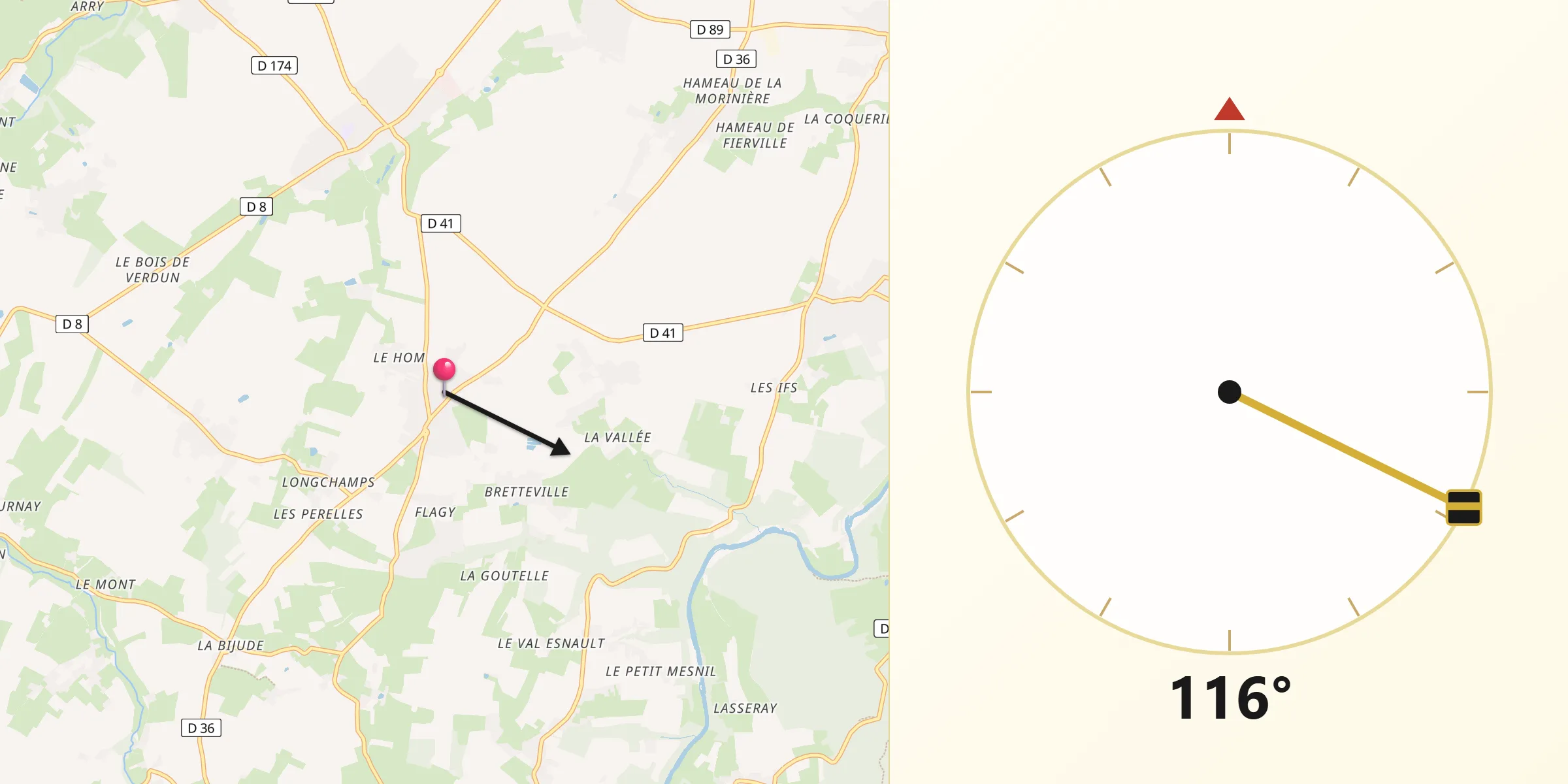 Direction vers la Qibla depuis Sainte-Honorine-du-Fay