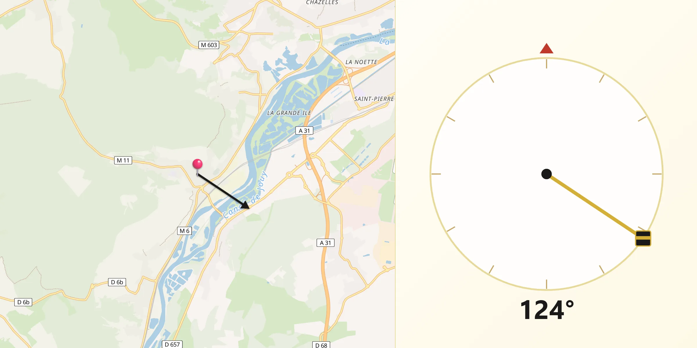 Direction vers la Qibla depuis Ars-sur-Moselle