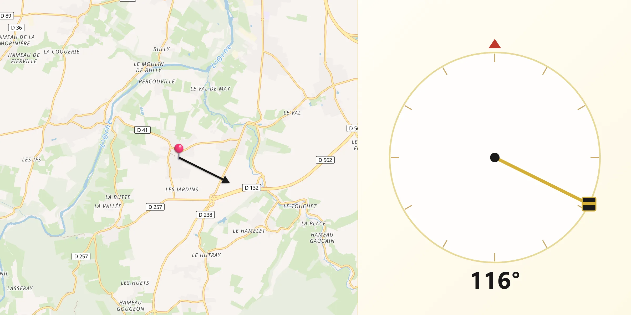 Direction vers la Qibla depuis Clinchamps-sur-Orne