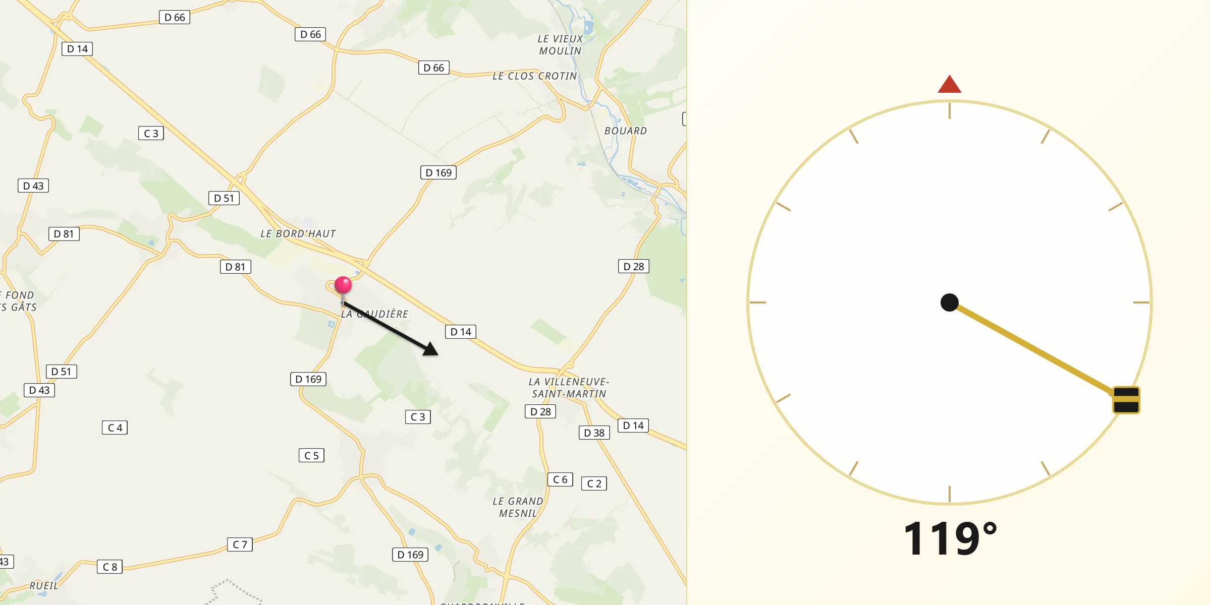 Direction vers la Qibla depuis Vigny