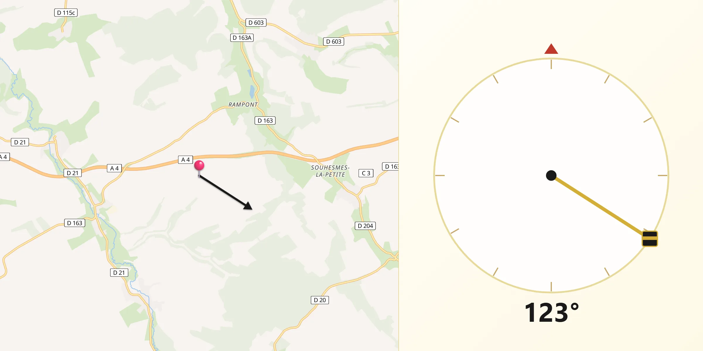 Direction vers la Qibla depuis Les Souhesmes-Rampont