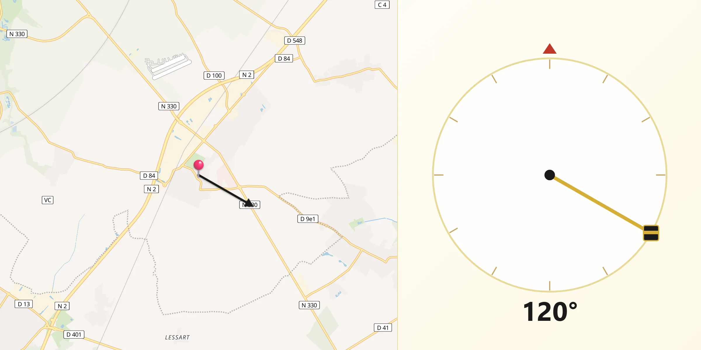 Direction vers la Qibla depuis Lagny-le-Sec