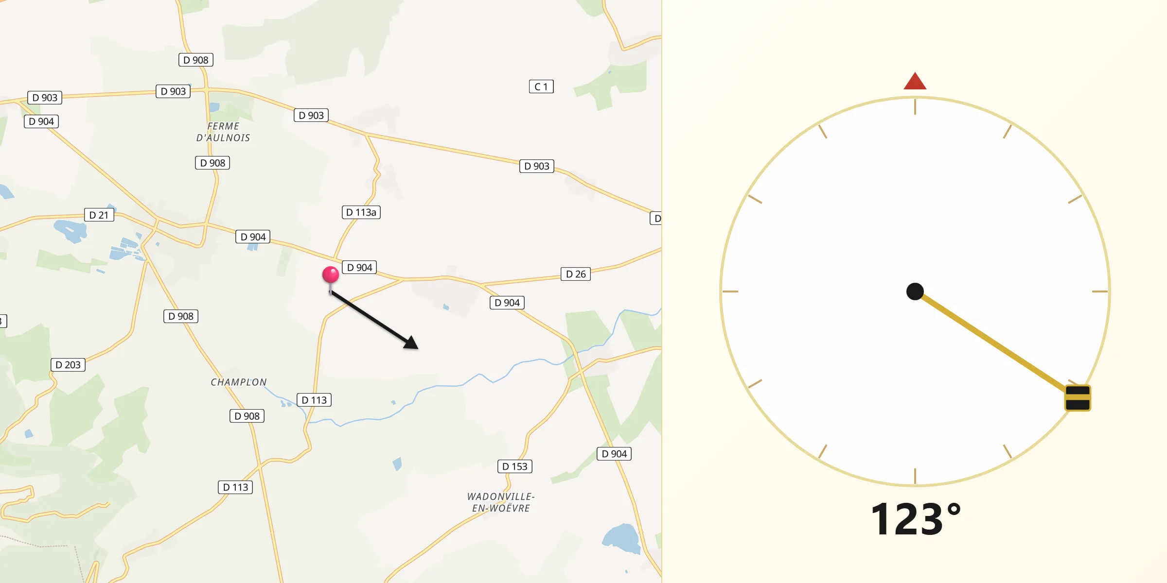 Direction vers la Qibla depuis Marchéville-en-Woëvre