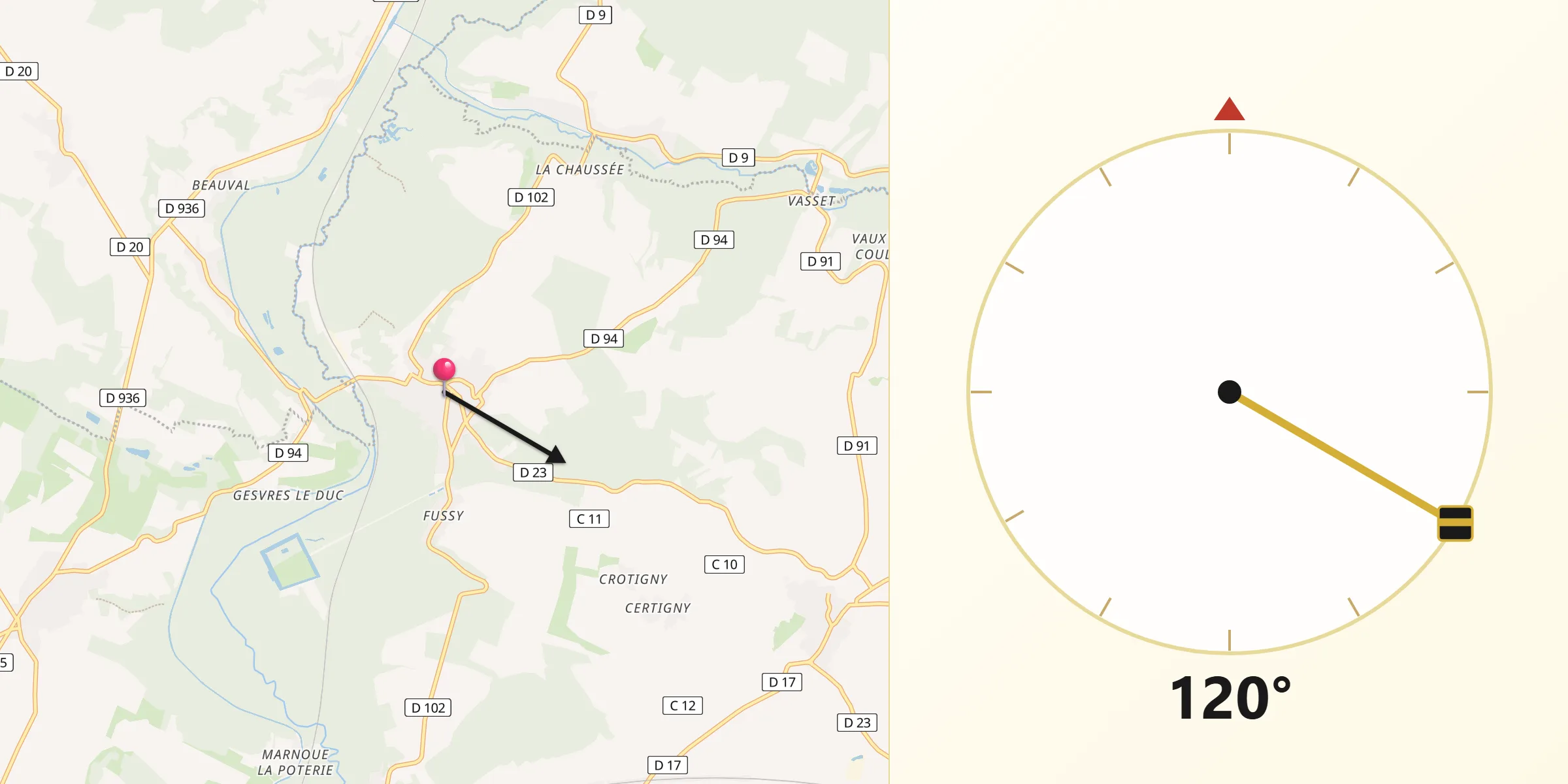 Direction vers la Qibla depuis Crouy-sur-Ourcq