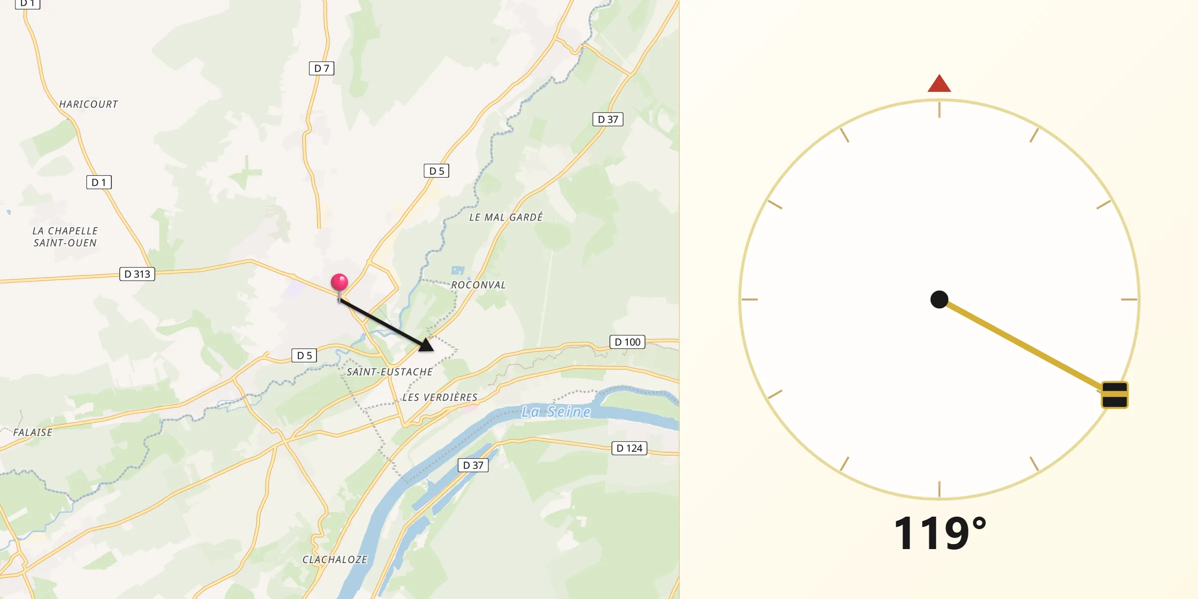 Direction vers la Qibla depuis Gasny