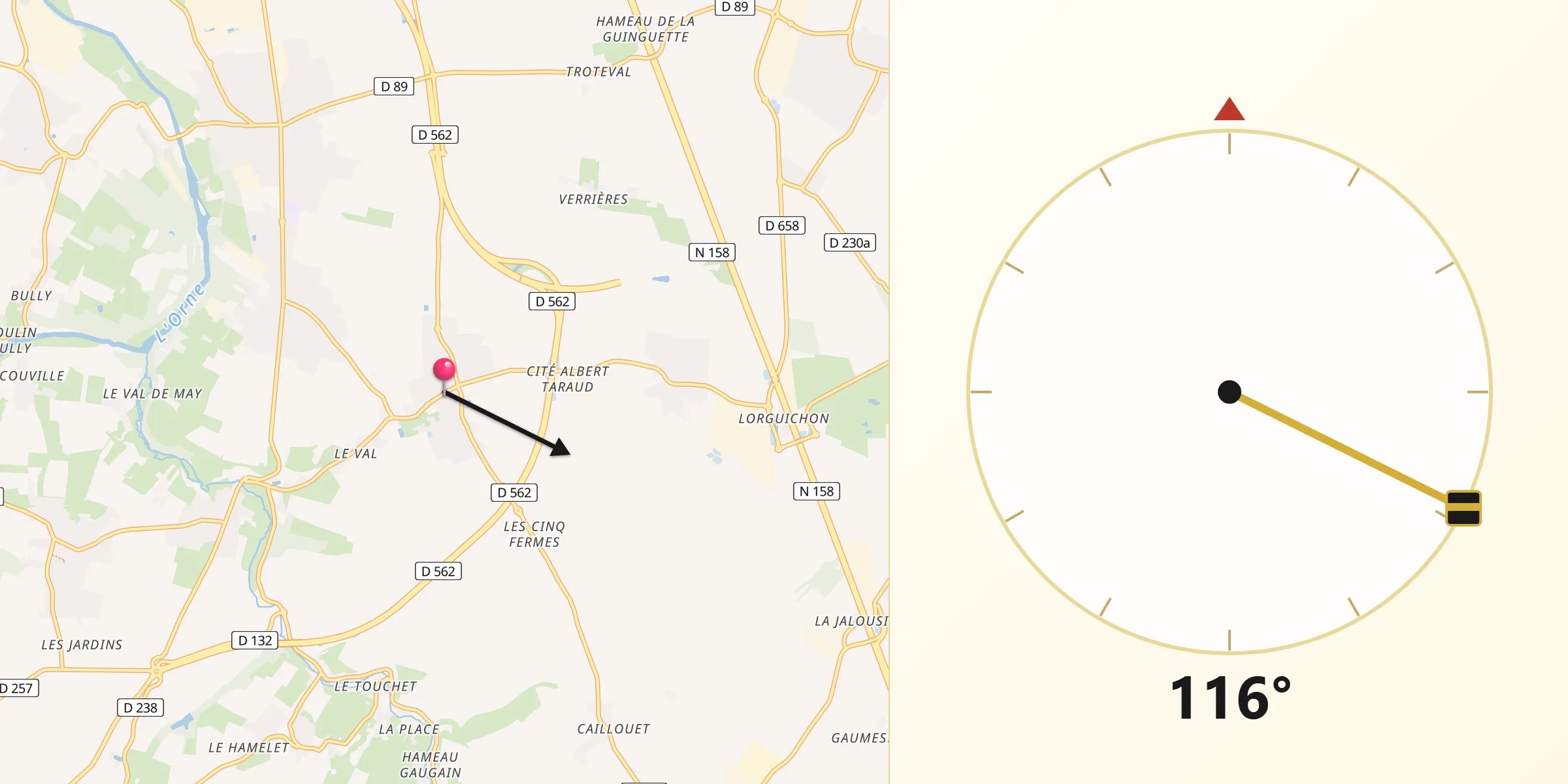 Direction vers la Qibla depuis Fontenay-le-Marmion