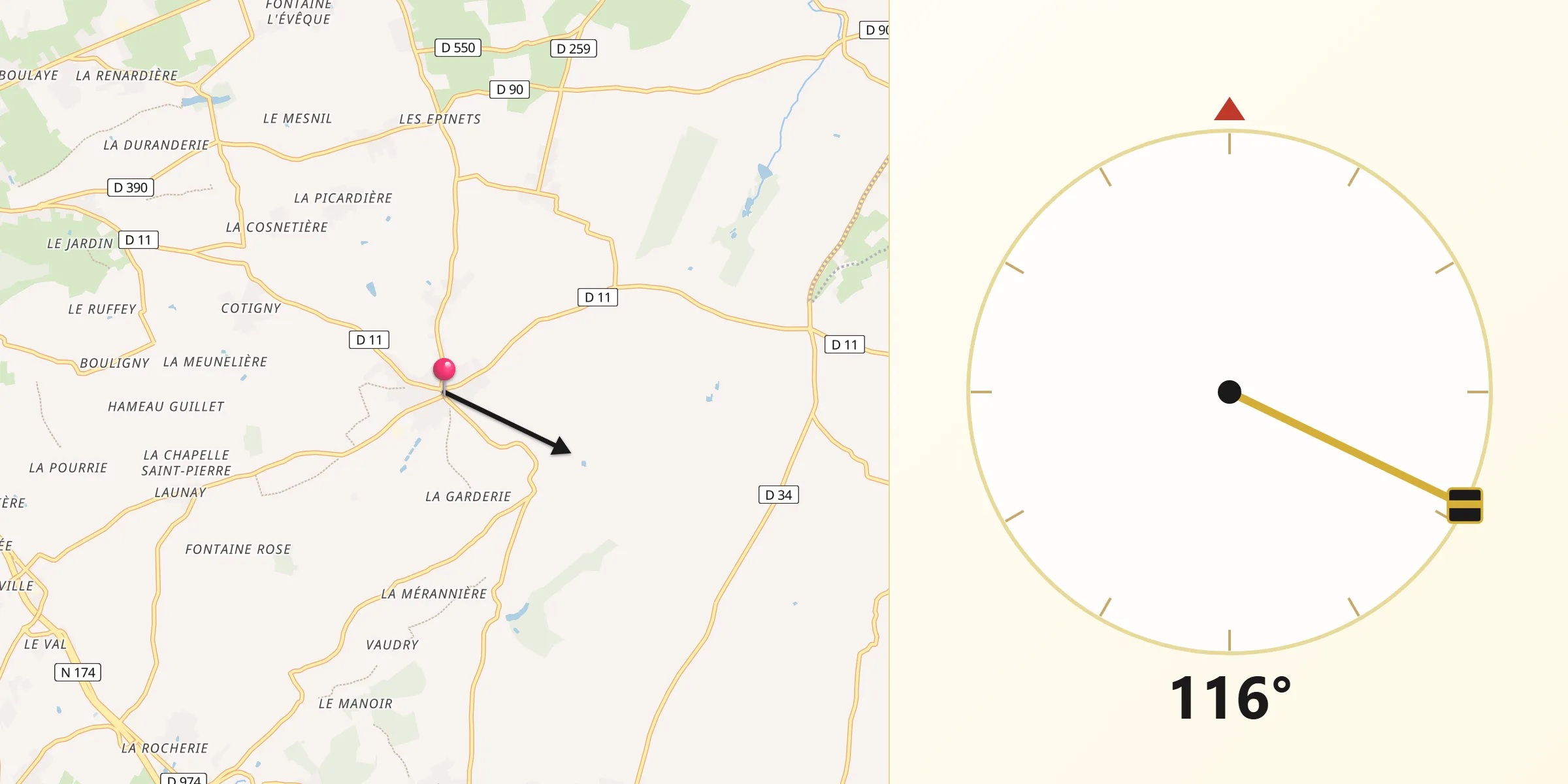 Direction vers la Qibla depuis Saint-Jean-des-Baisants