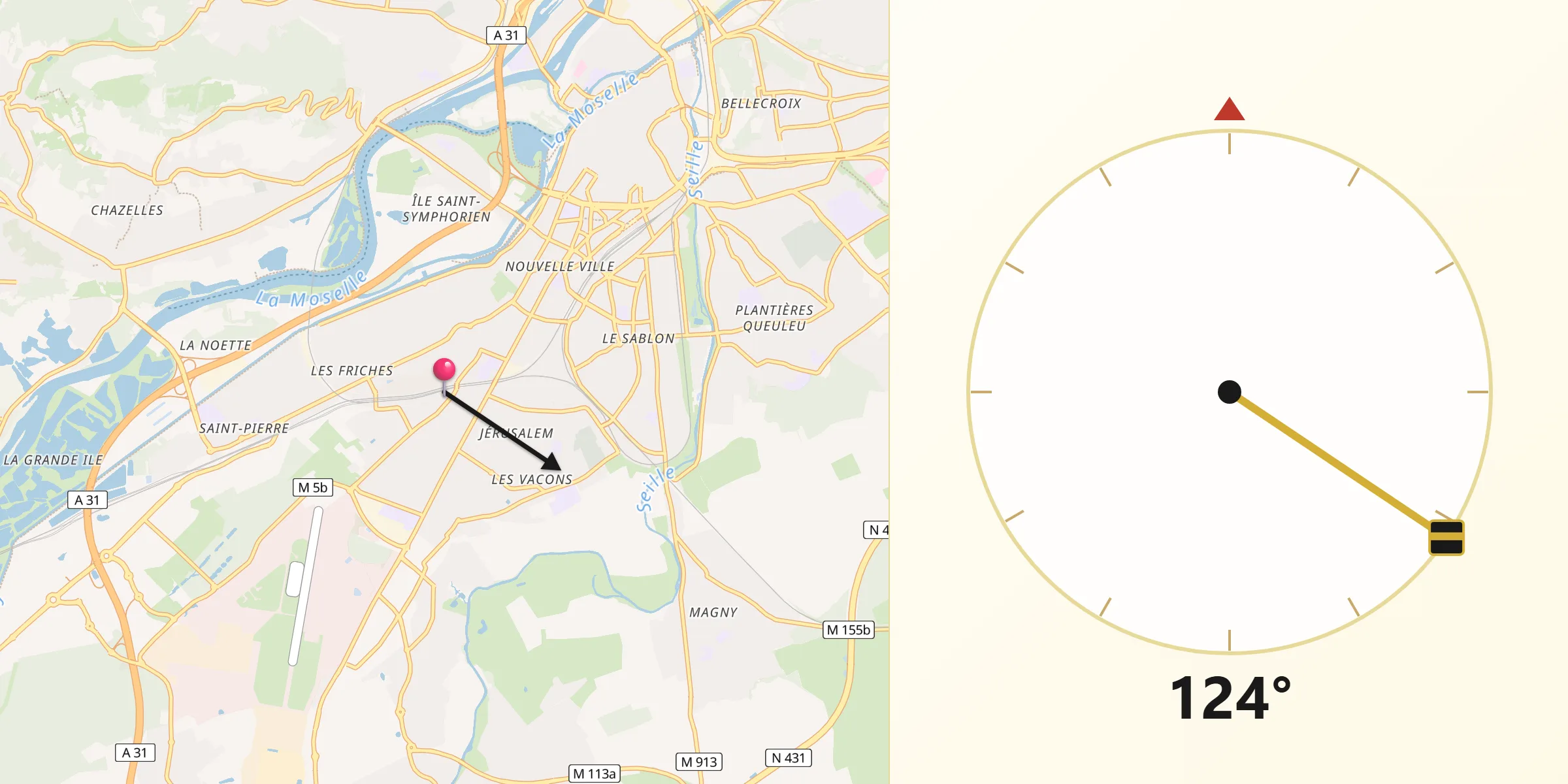 Direction vers la Qibla depuis Montigny-lès-Metz