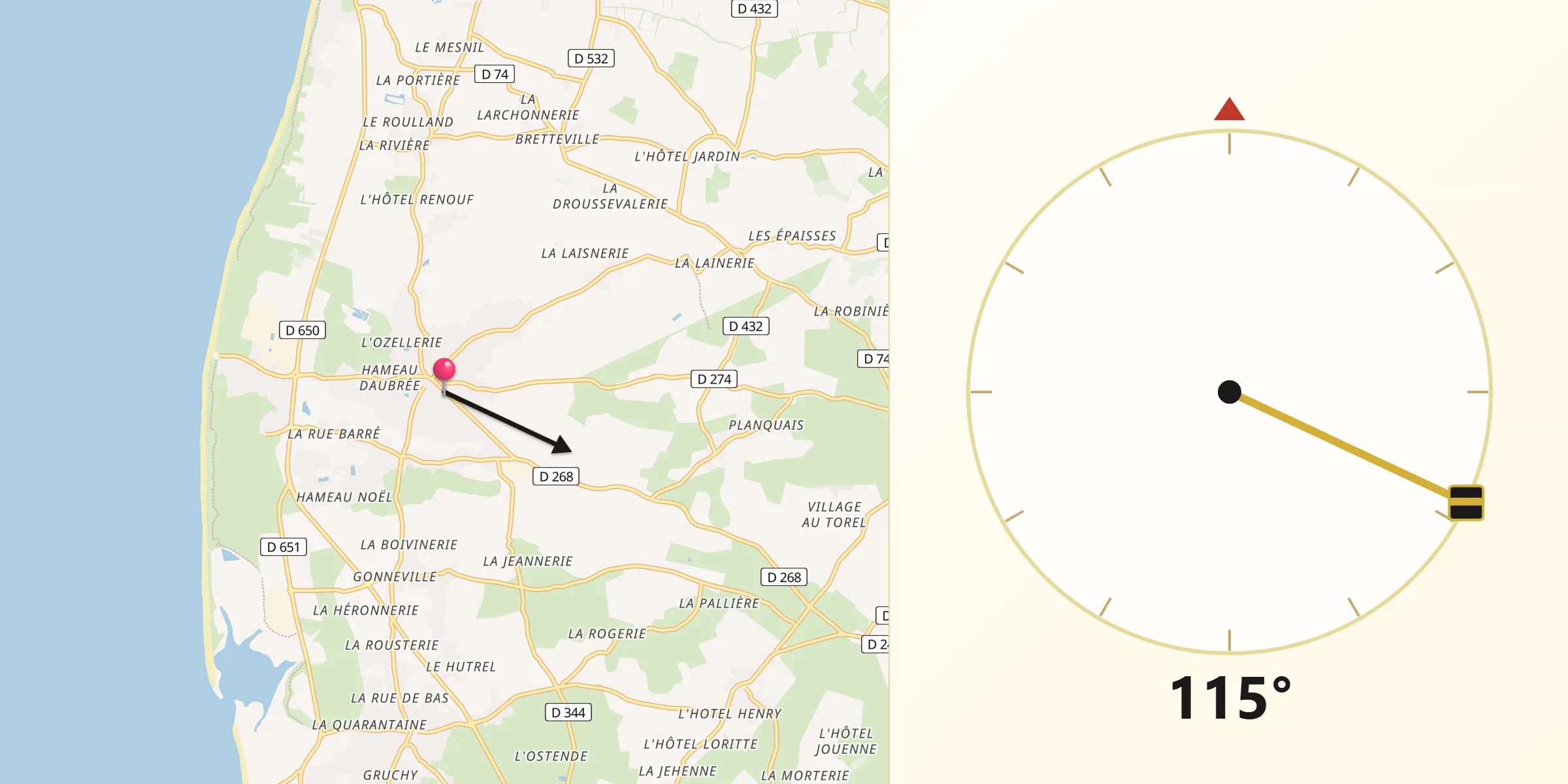 Direction vers la Qibla depuis Gouville-sur-Mer