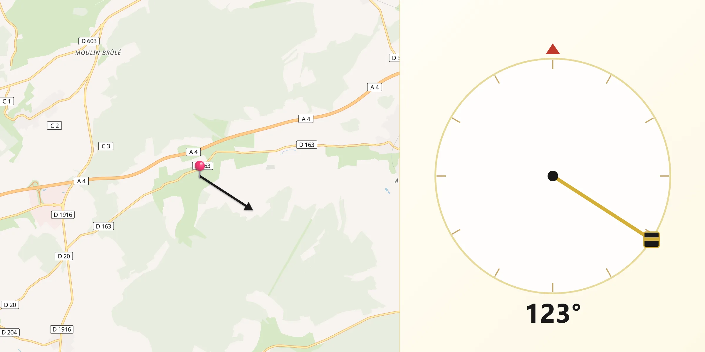Direction vers la Qibla depuis Dugny-sur-Meuse