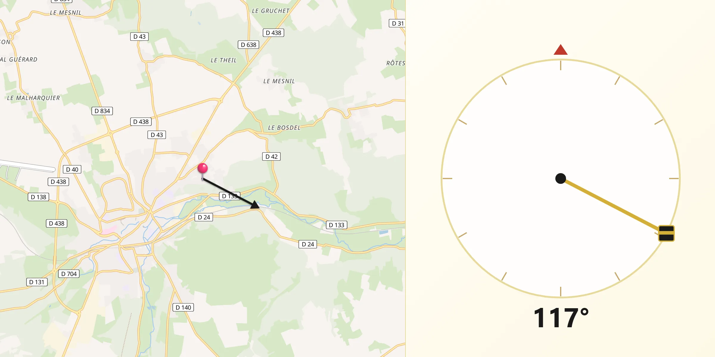 Direction vers la Qibla depuis Menneval