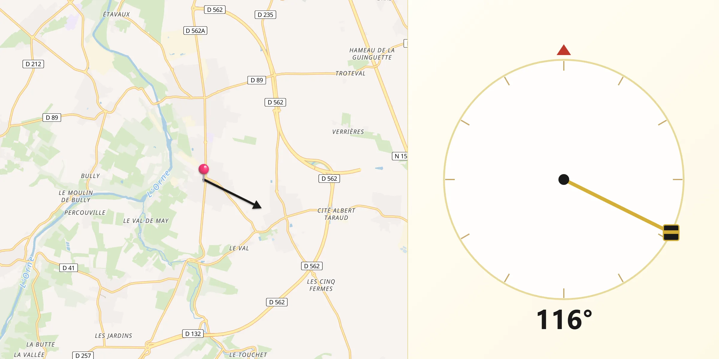 Direction vers la Qibla depuis May-sur-Orne