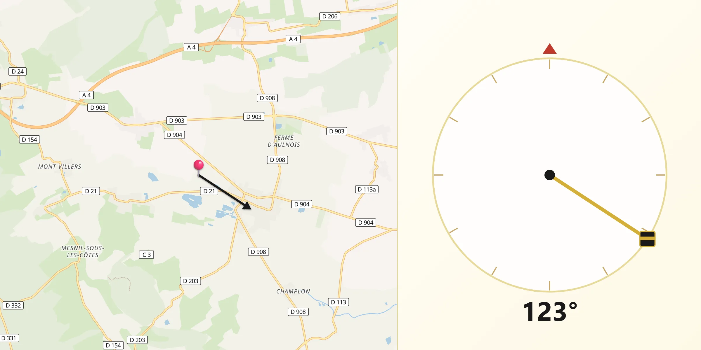 Direction vers la Qibla depuis Fresnes-en-Woëvre