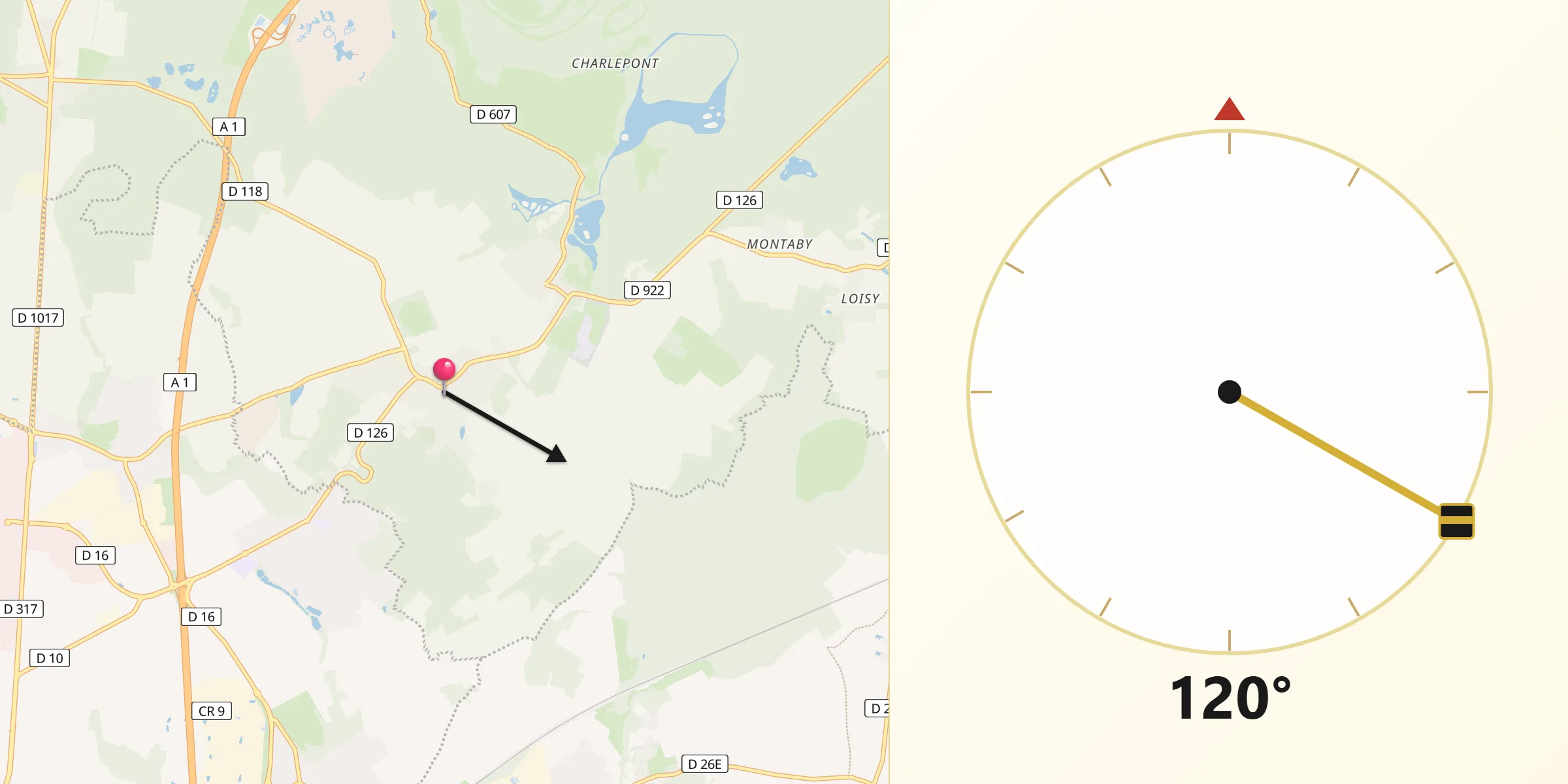 Direction vers la Qibla depuis Plailly