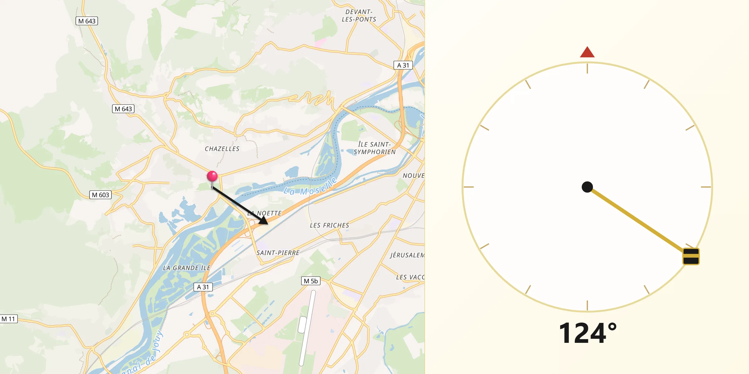 Direction vers la Qibla depuis Moulins-lès-Metz