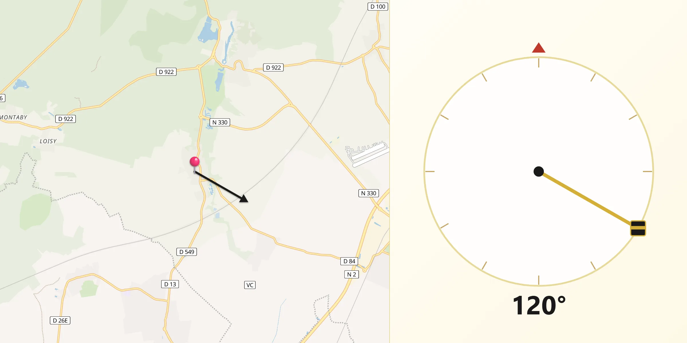 Direction vers la Qibla depuis Ver-sur-Launette