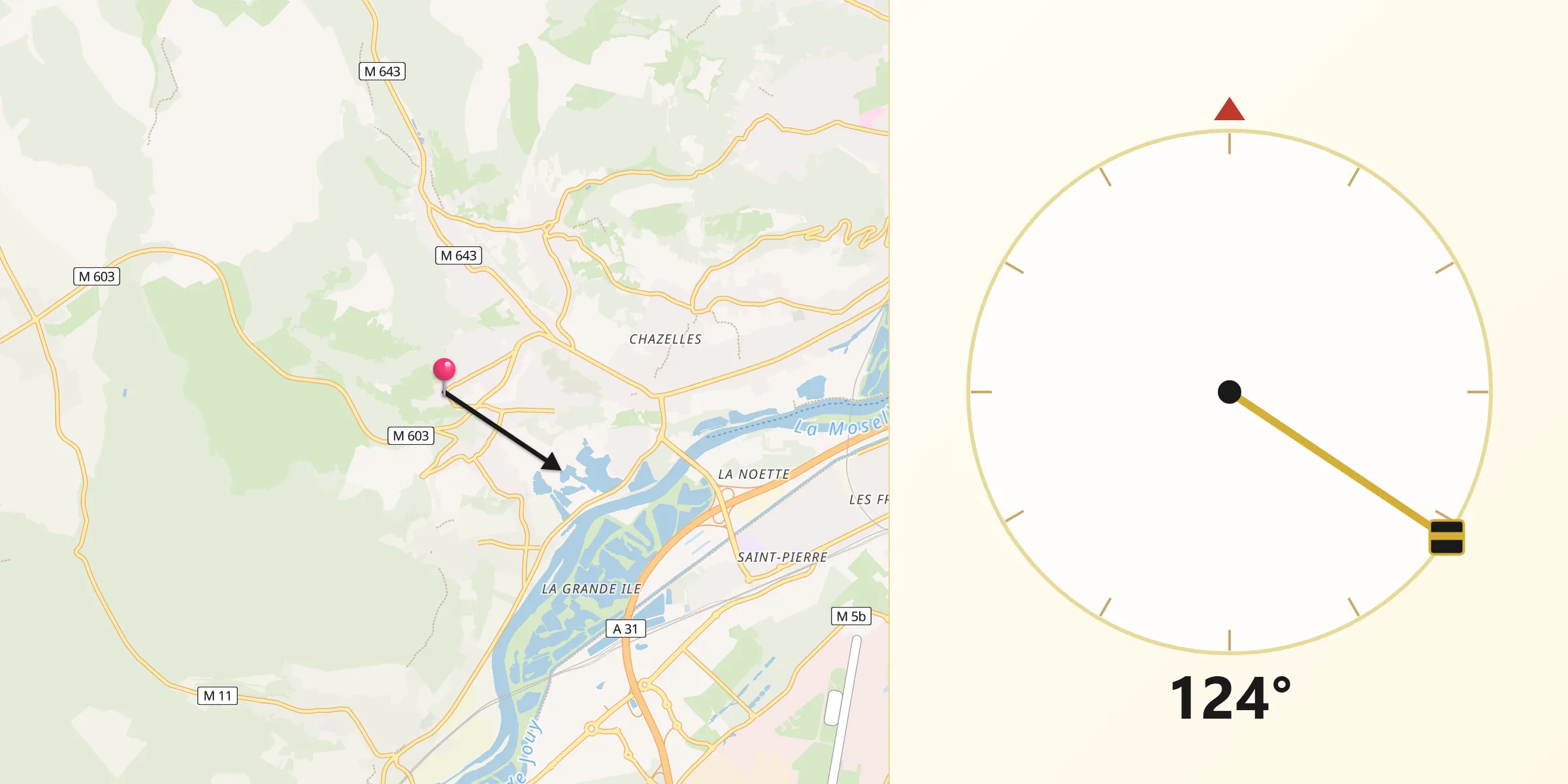 Direction vers la Qibla depuis Rozérieulles