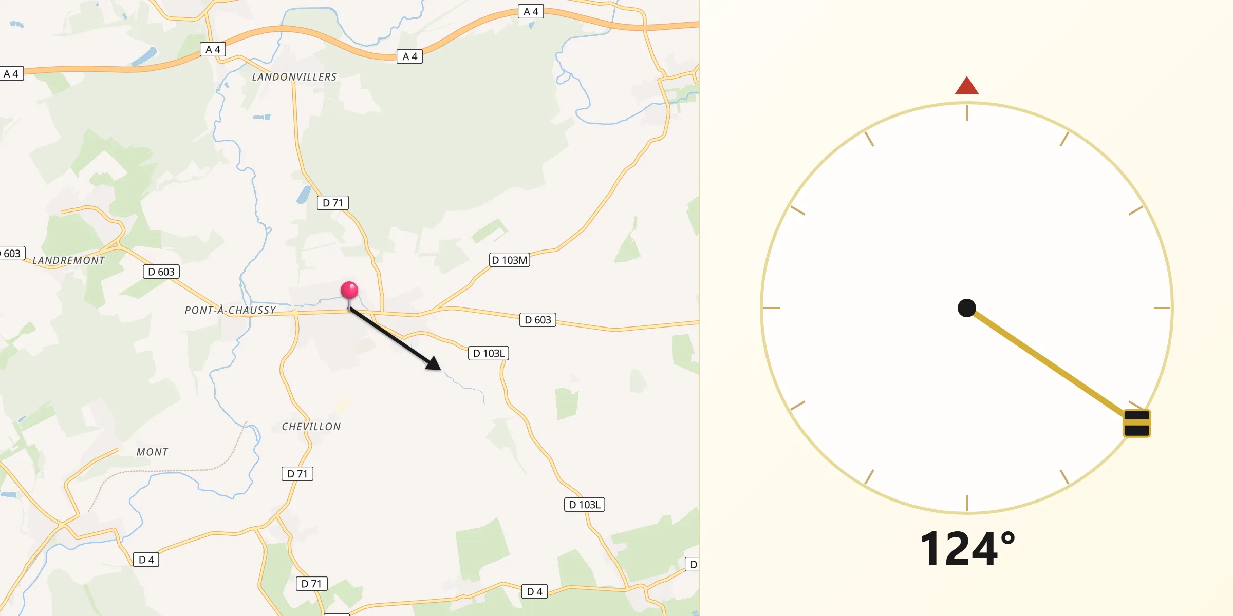 Direction vers la Qibla depuis Courcelles-Chaussy