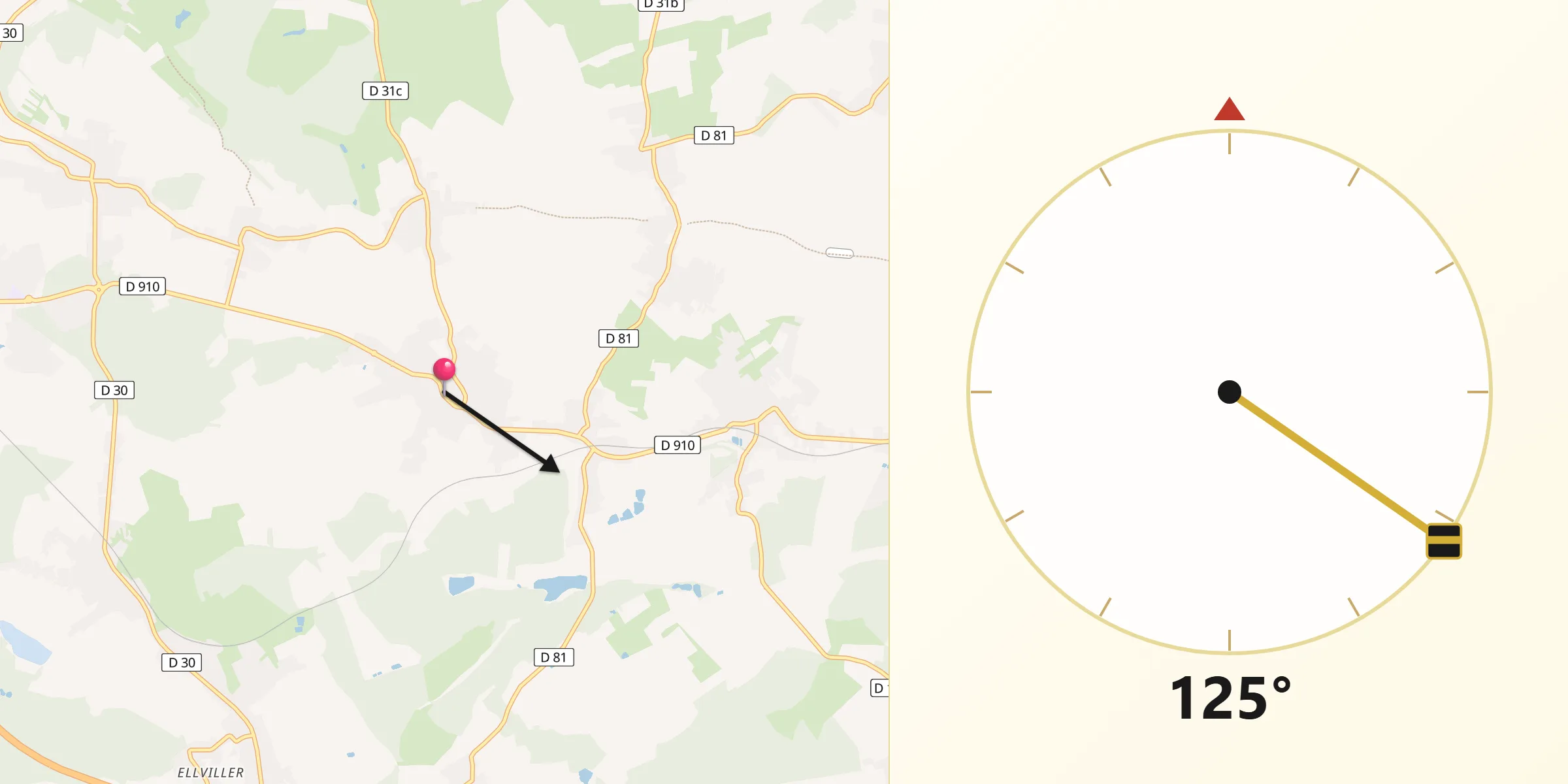 Direction vers la Qibla depuis Diebling