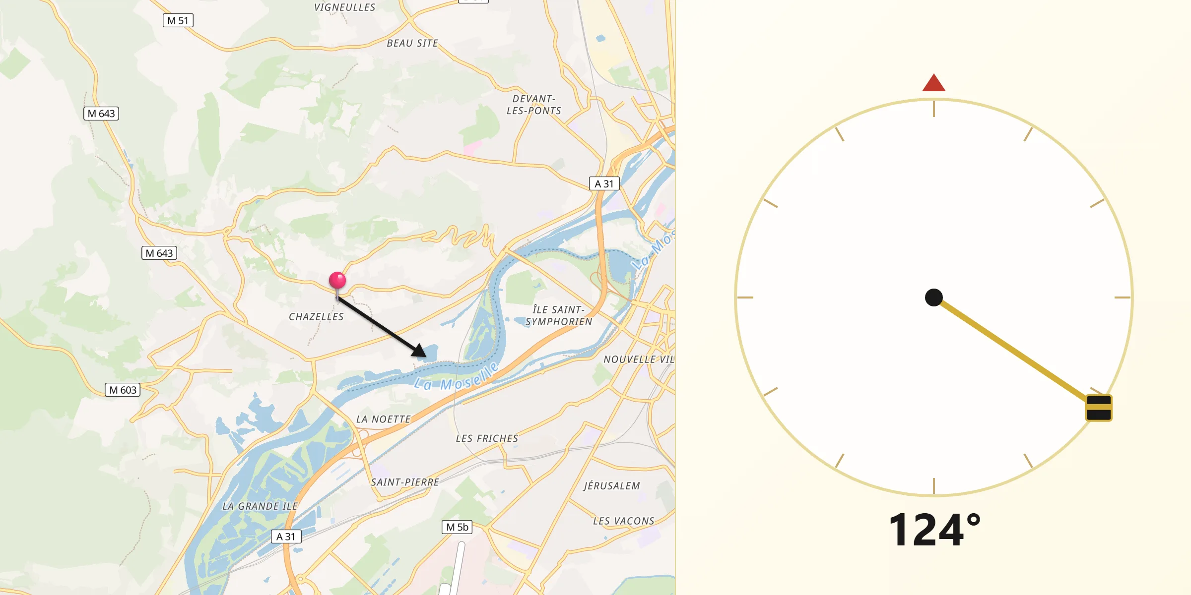 Direction vers la Qibla depuis Scy-Chazelles