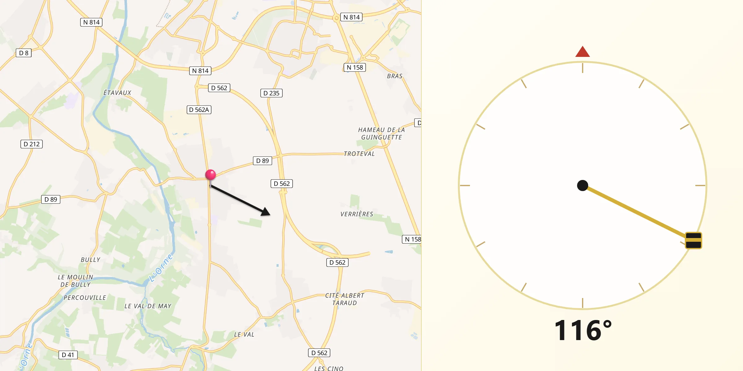 Direction vers la Qibla depuis Saint-Martin-de-Fontenay