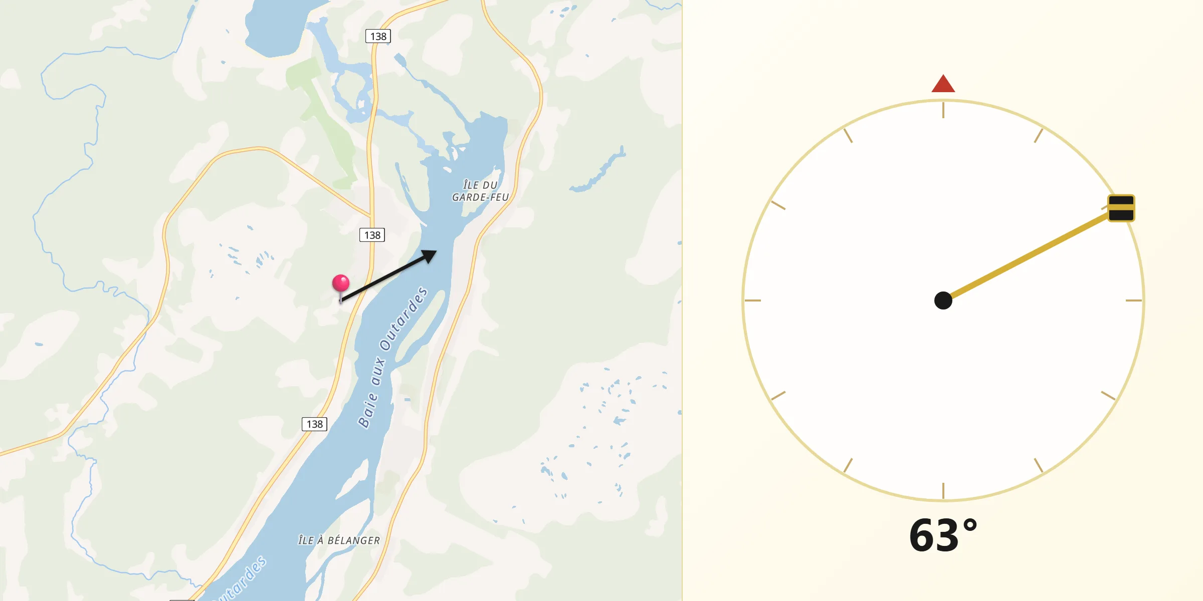 Qibla Direction from Chute-aux-Outardes