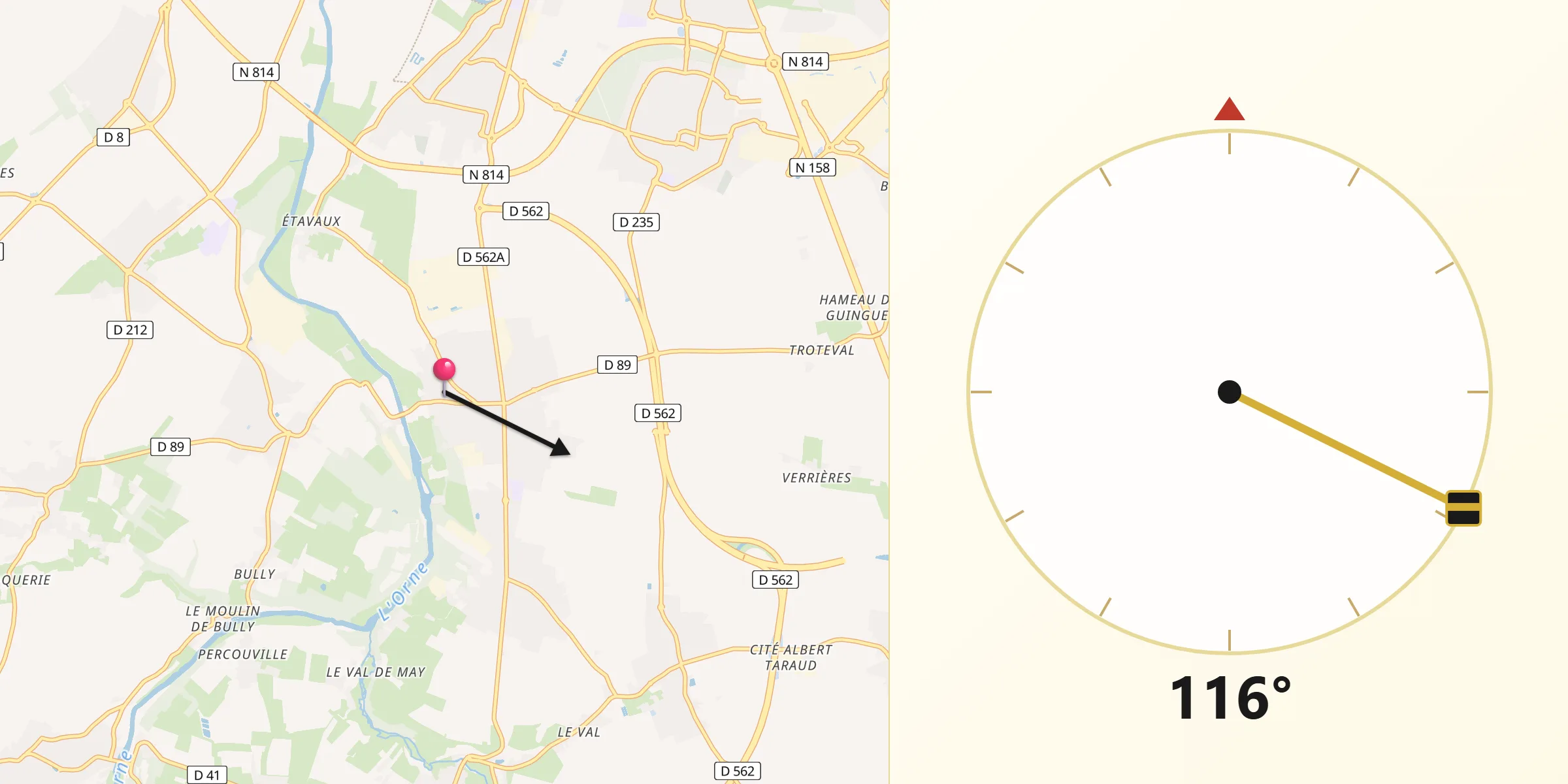 Direction vers la Qibla depuis Saint-André-sur-Orne