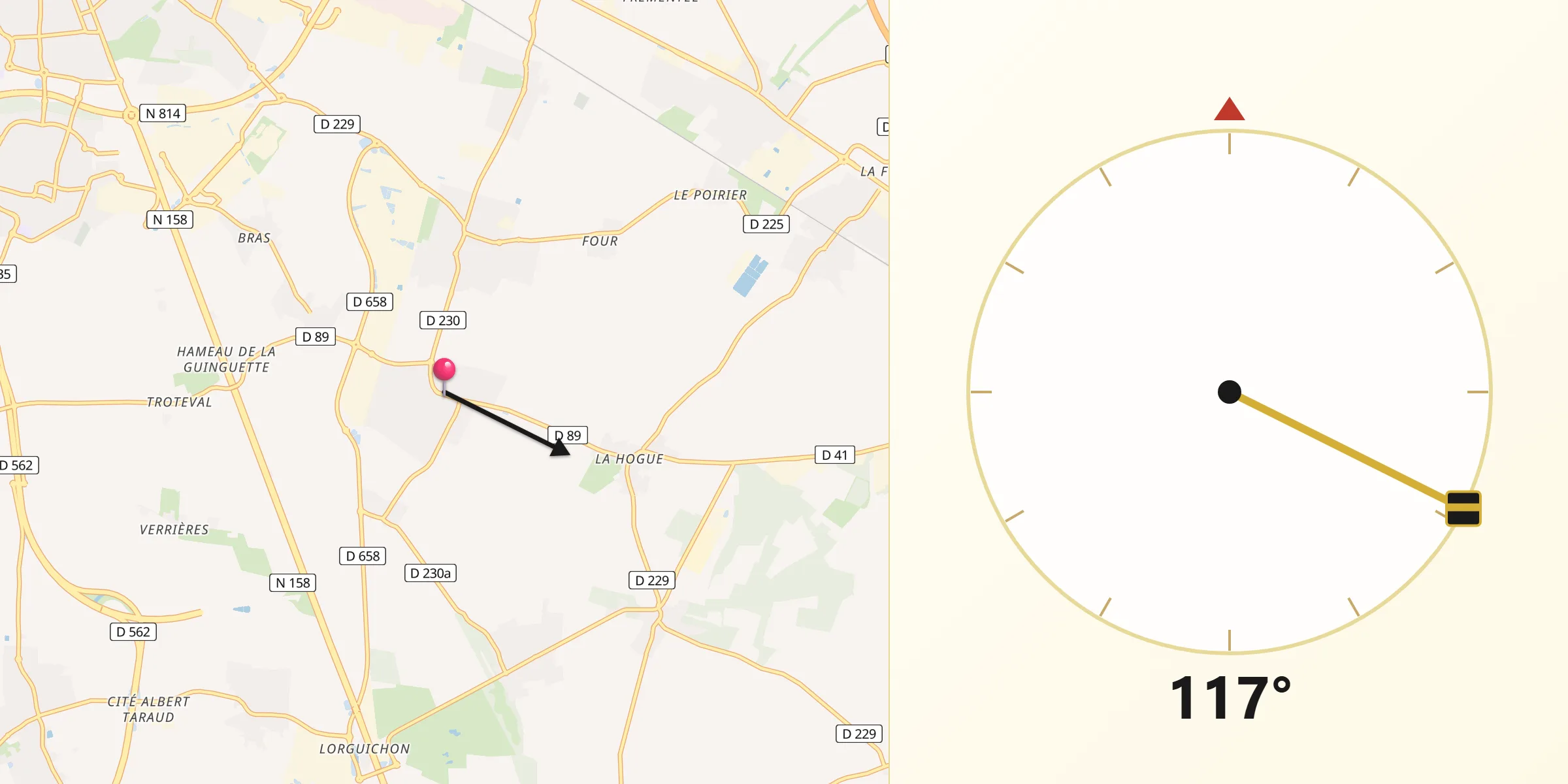 Direction vers la Qibla depuis Bourguébus