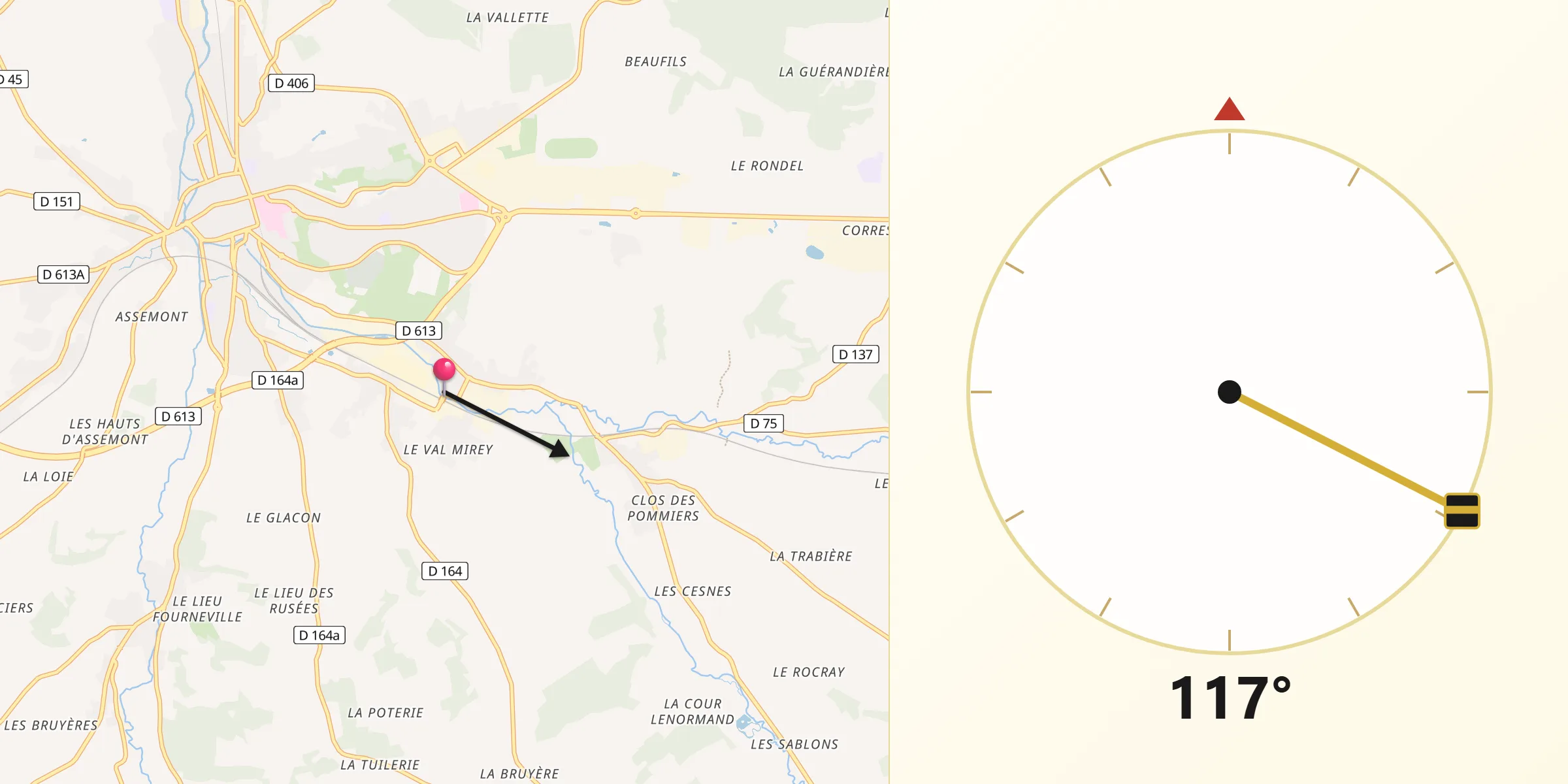 Direction vers la Qibla depuis Beuvillers