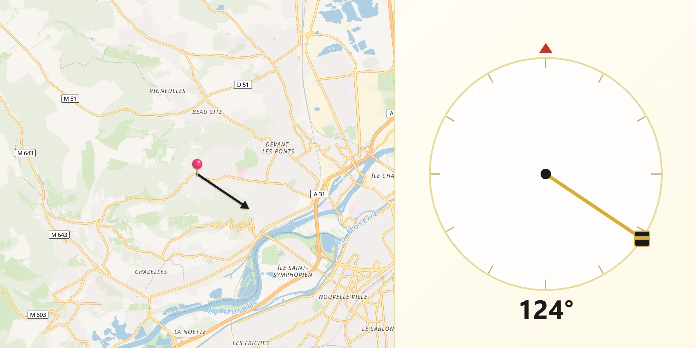 Direction vers la Qibla depuis Plappeville