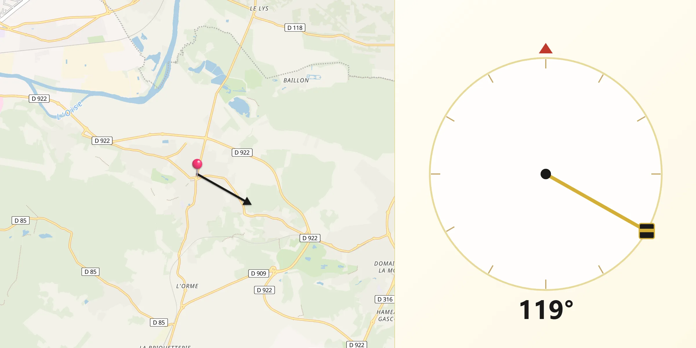 Direction vers la Qibla depuis Viarmes