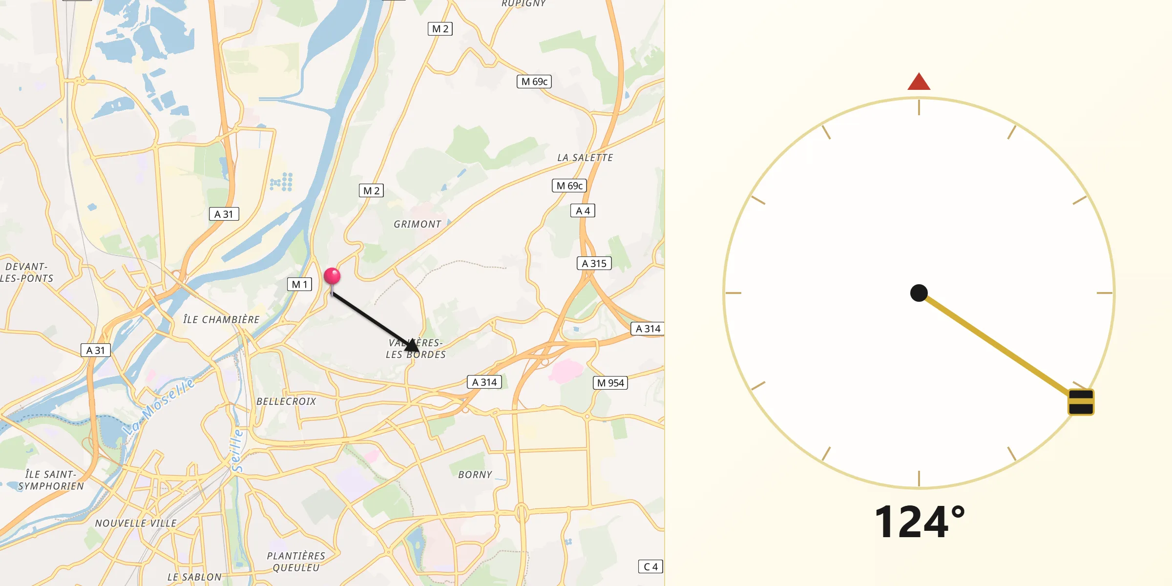 Direction vers la Qibla depuis Saint-Julien-lès-Metz