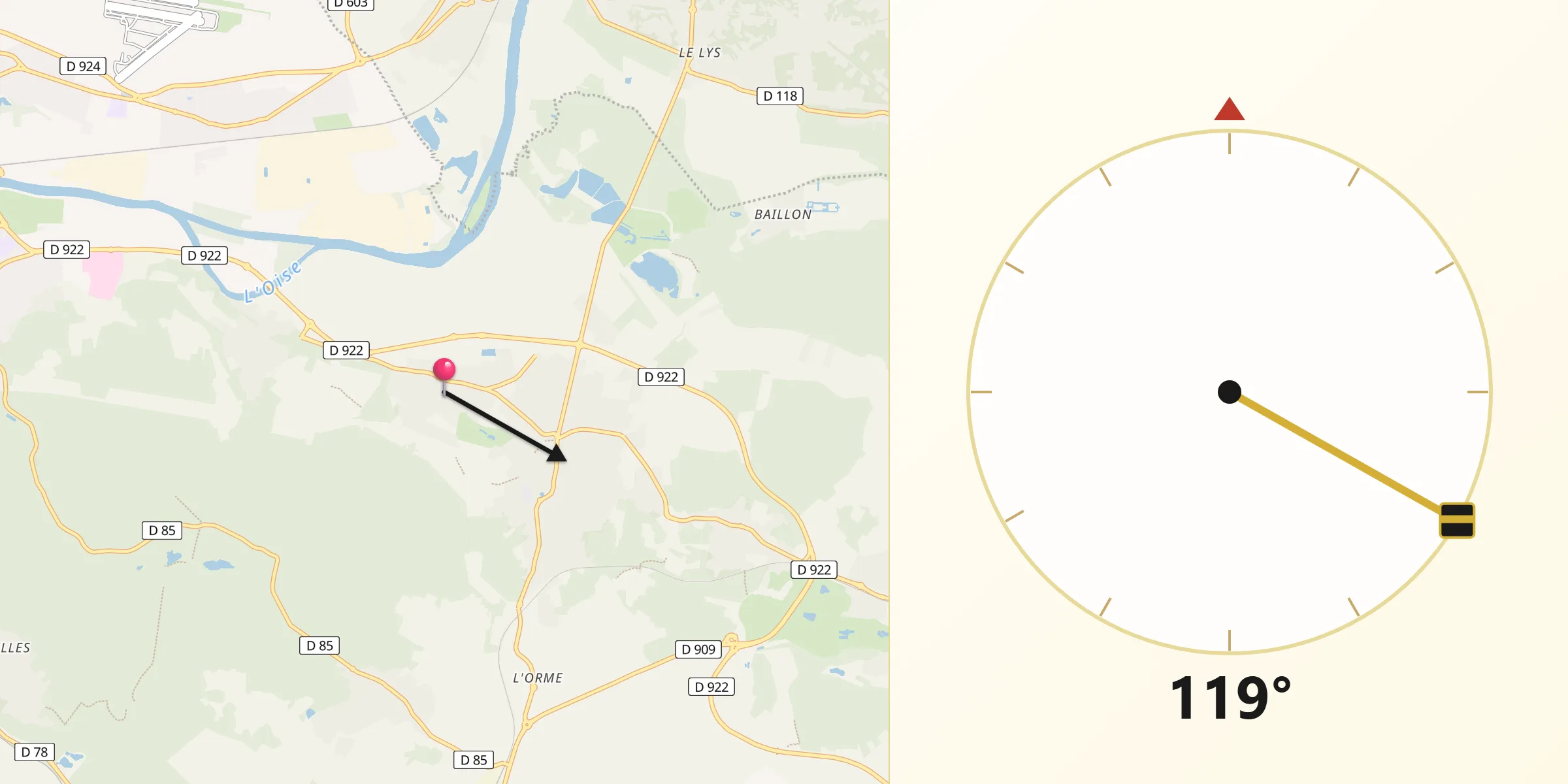 Direction vers la Qibla depuis Asnières-sur-Oise