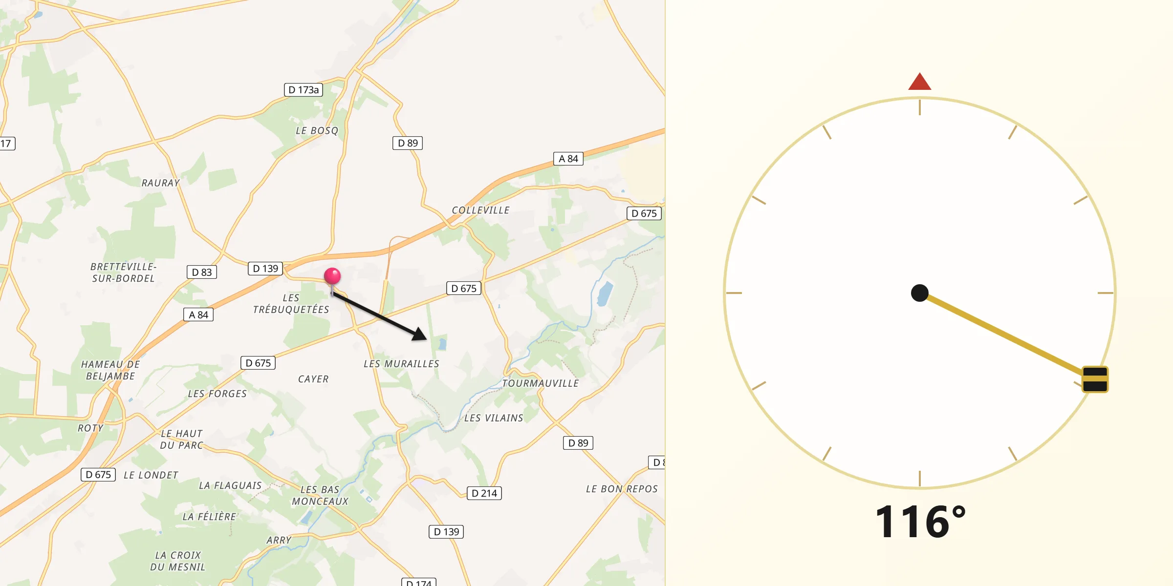 Direction vers la Qibla depuis Grainville-sur-Odon