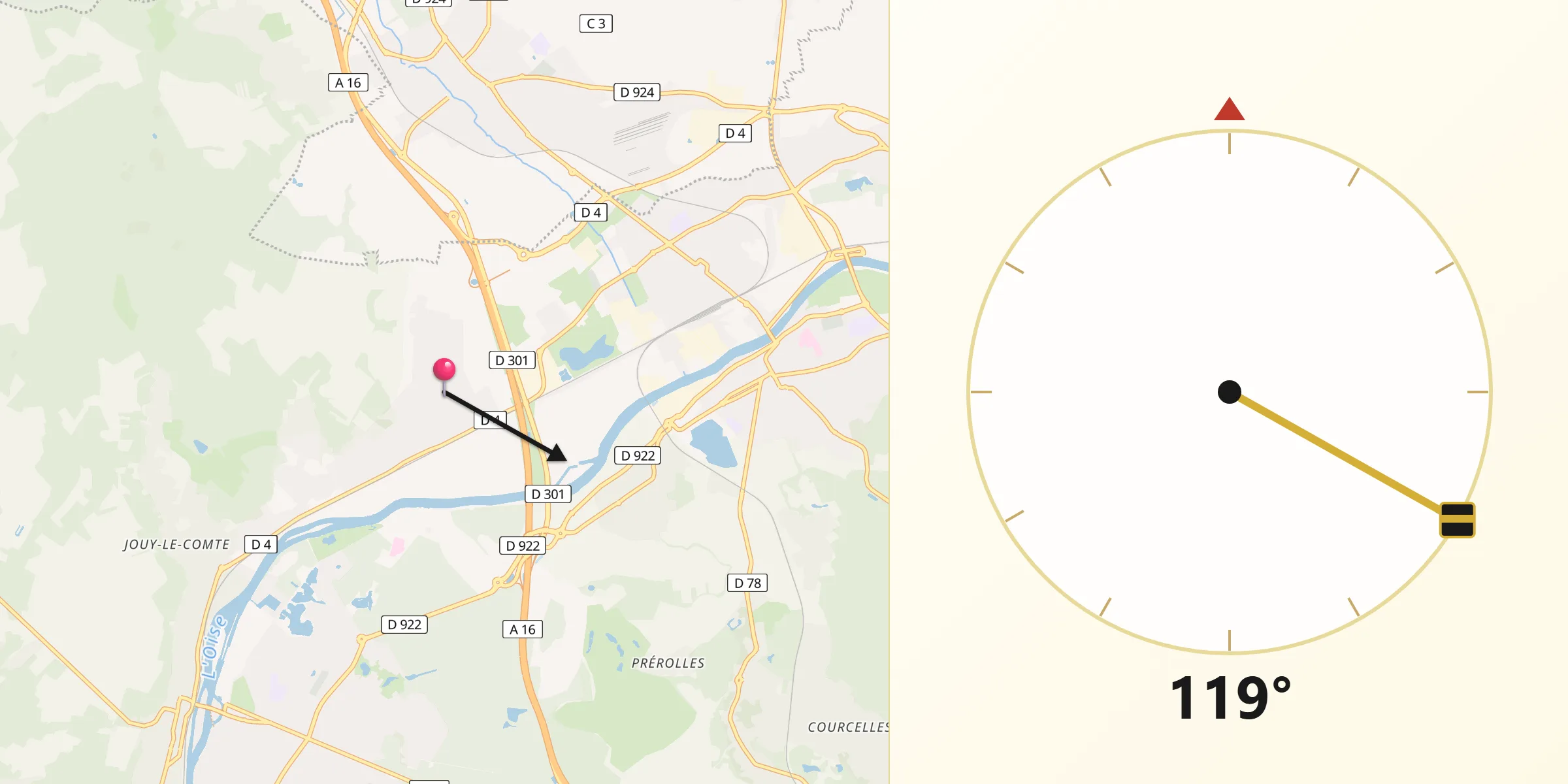 Direction vers la Qibla depuis Champagne-sur-Oise