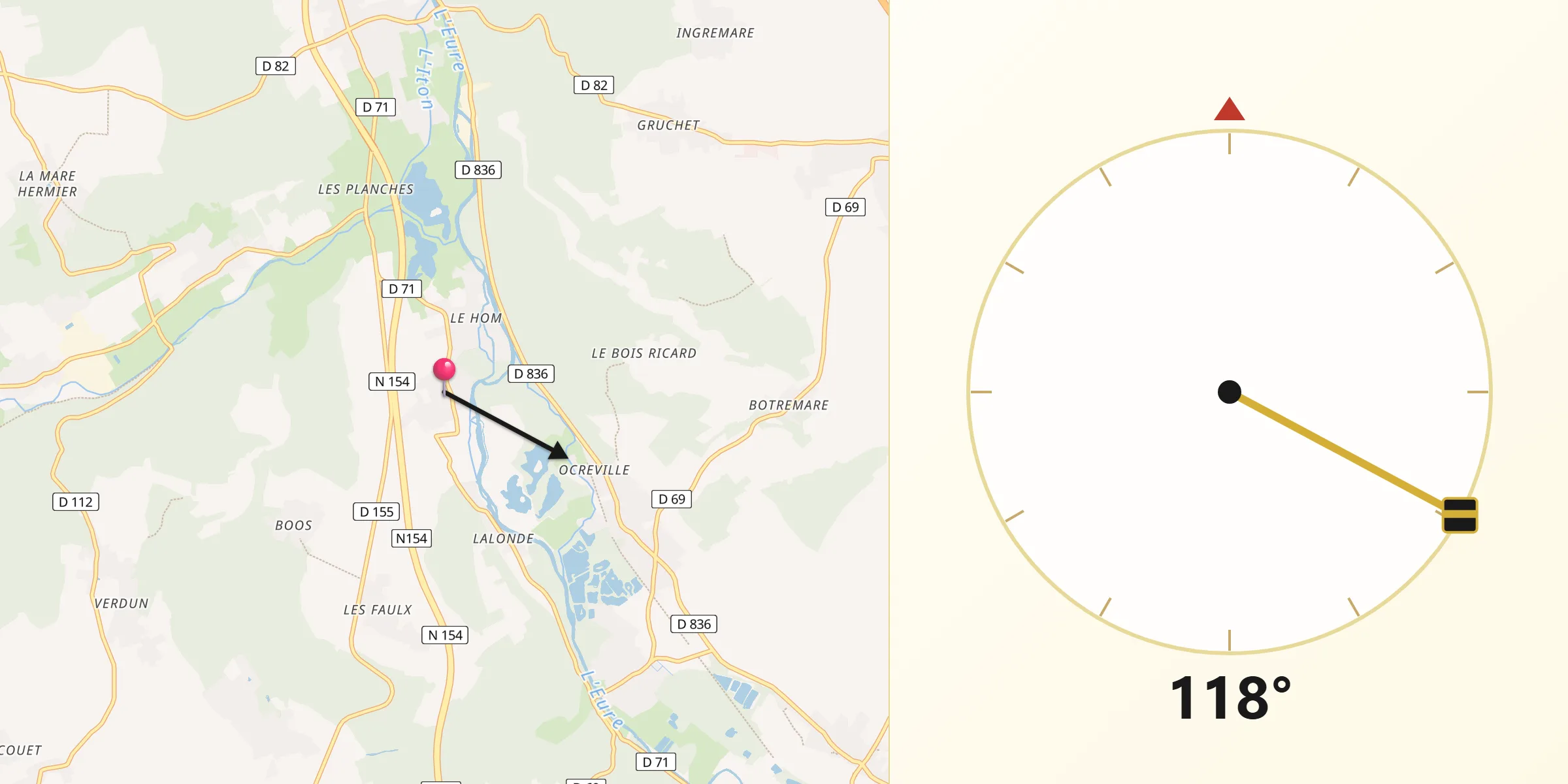 Direction vers la Qibla depuis Heudreville-sur-Eure
